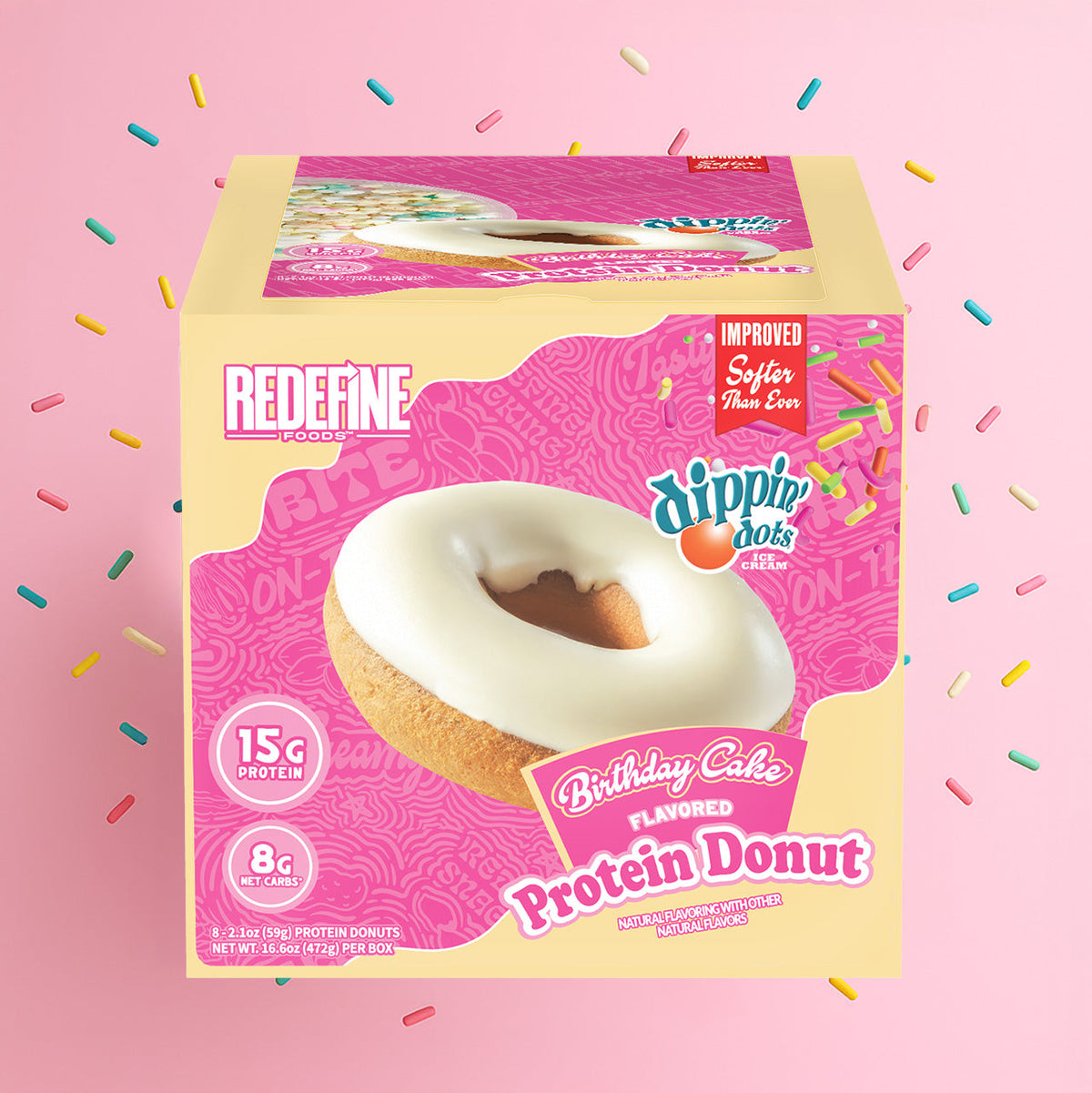 Redefine Foods Dippin' Dots Birthday Cake Protein Donut retail box of 8 individually wrapped