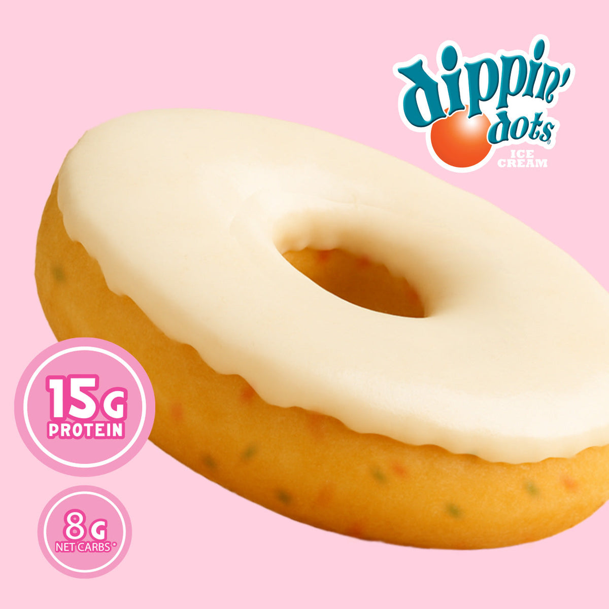 Redefine Foods Dippin' Dots Birthday Cake Protein Donut close-up, white frosted with confetti