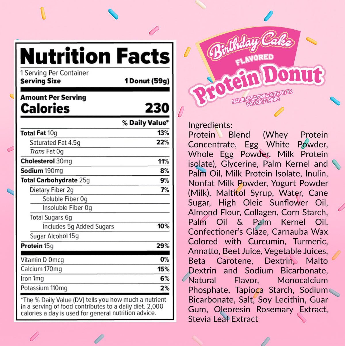 Redefine Foods Birthday Cake Protein Donut Nutrition Facts panel and ingredients per 59g donut