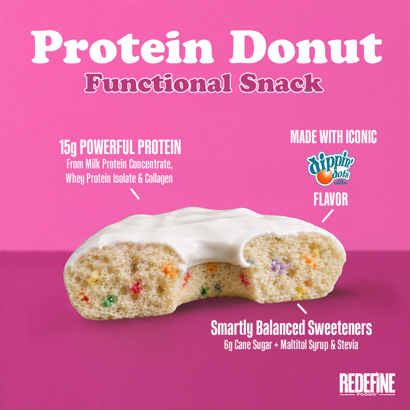 Redefine Foods Birthday Cake Protein Donut cut in half showing confetti crumb and white frosting