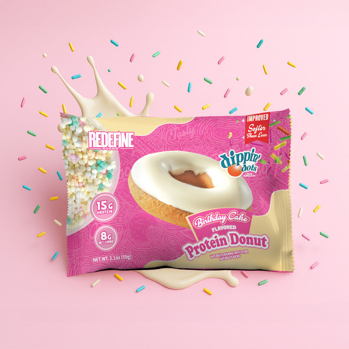 Redefine Foods Dippin' Dots Birthday Cake Protein Donut single-serve wrapped package, 15g protein