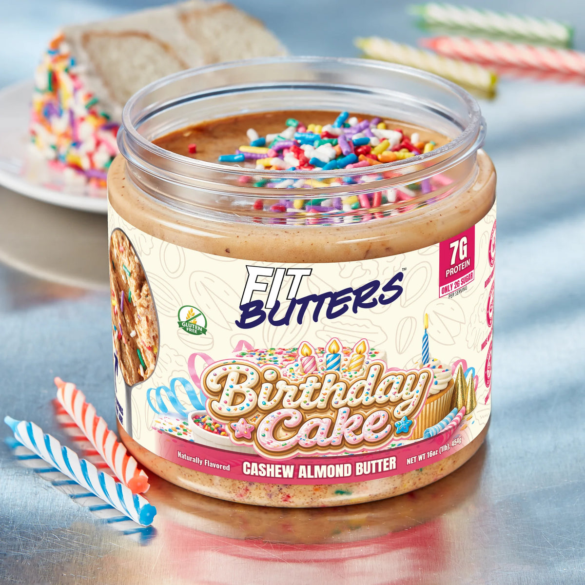Fit Butter Birthday Cake high-protein cashew almond butter jar, front label, 7g protein per serving