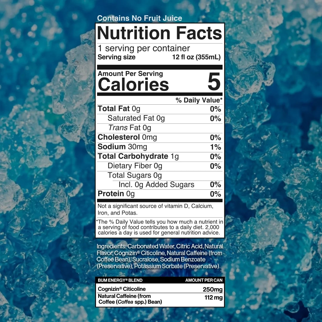 Nutrition Facts panel for BUM Energy Blue Snow Cone — 5 calories, 0 g sugar, 112 mg caffeine, 250 mg Cognizin
