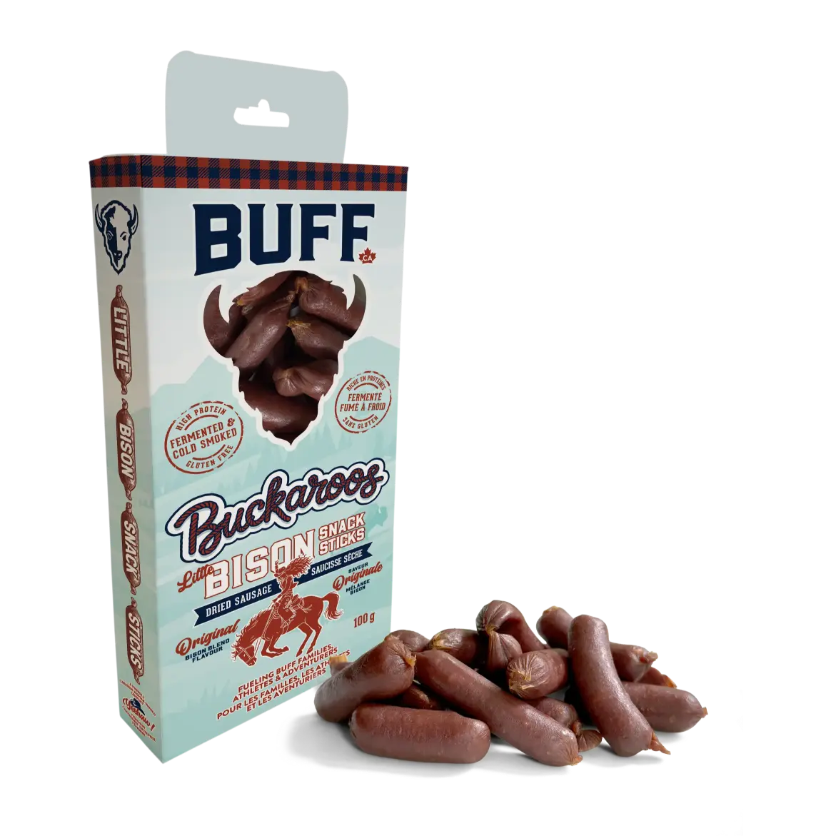BUFF Buckaroos little bison dried sausage snack sticks 100 g box front with loose mini sticks