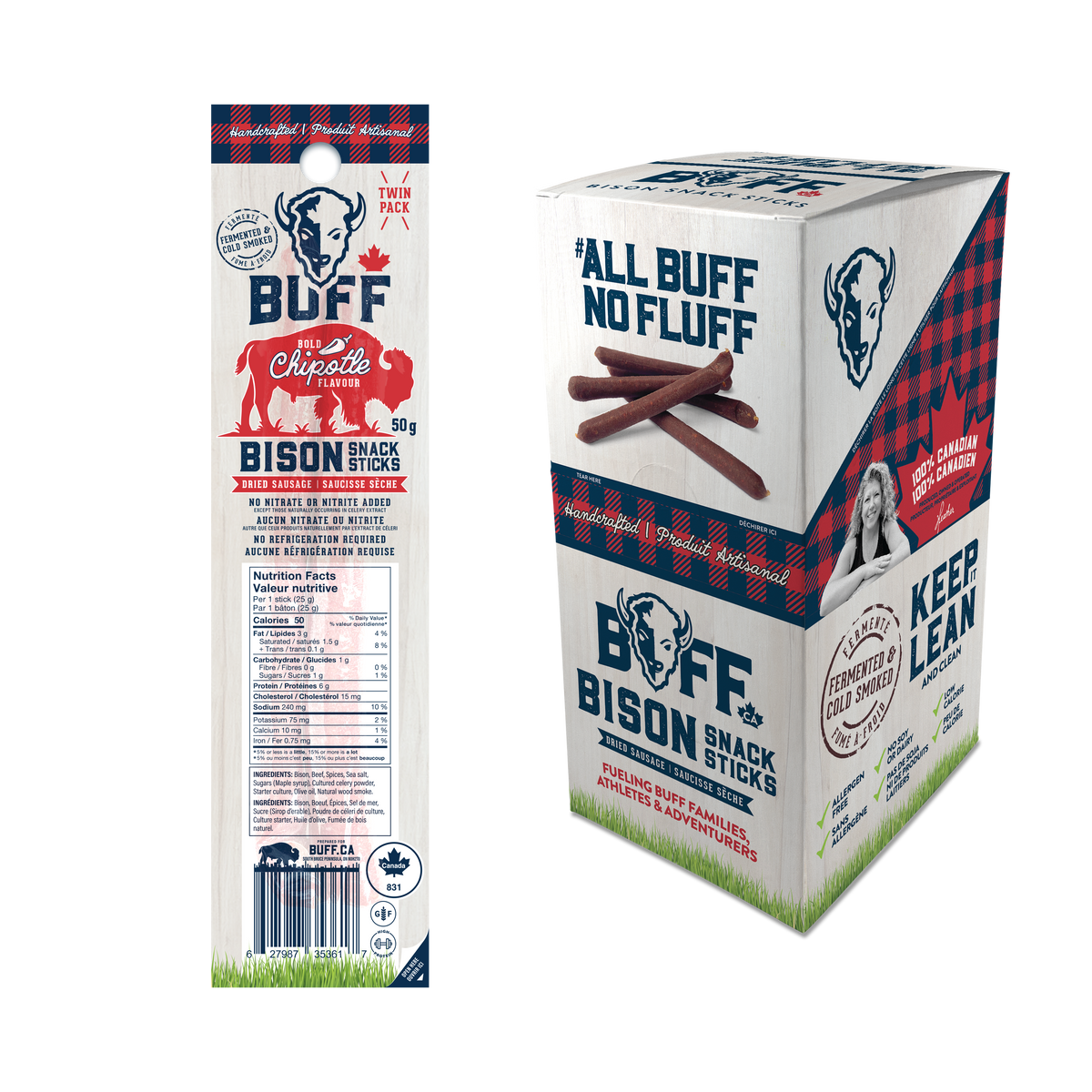 BUFF Bold Chipotle bison snack sticks twin pack beside the All Buff No Fluff Canadian retail display box