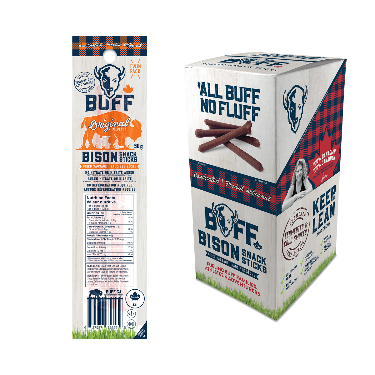 BUFF Original bison snack sticks twin pack beside the All Buff No Fluff Canadian retail display box