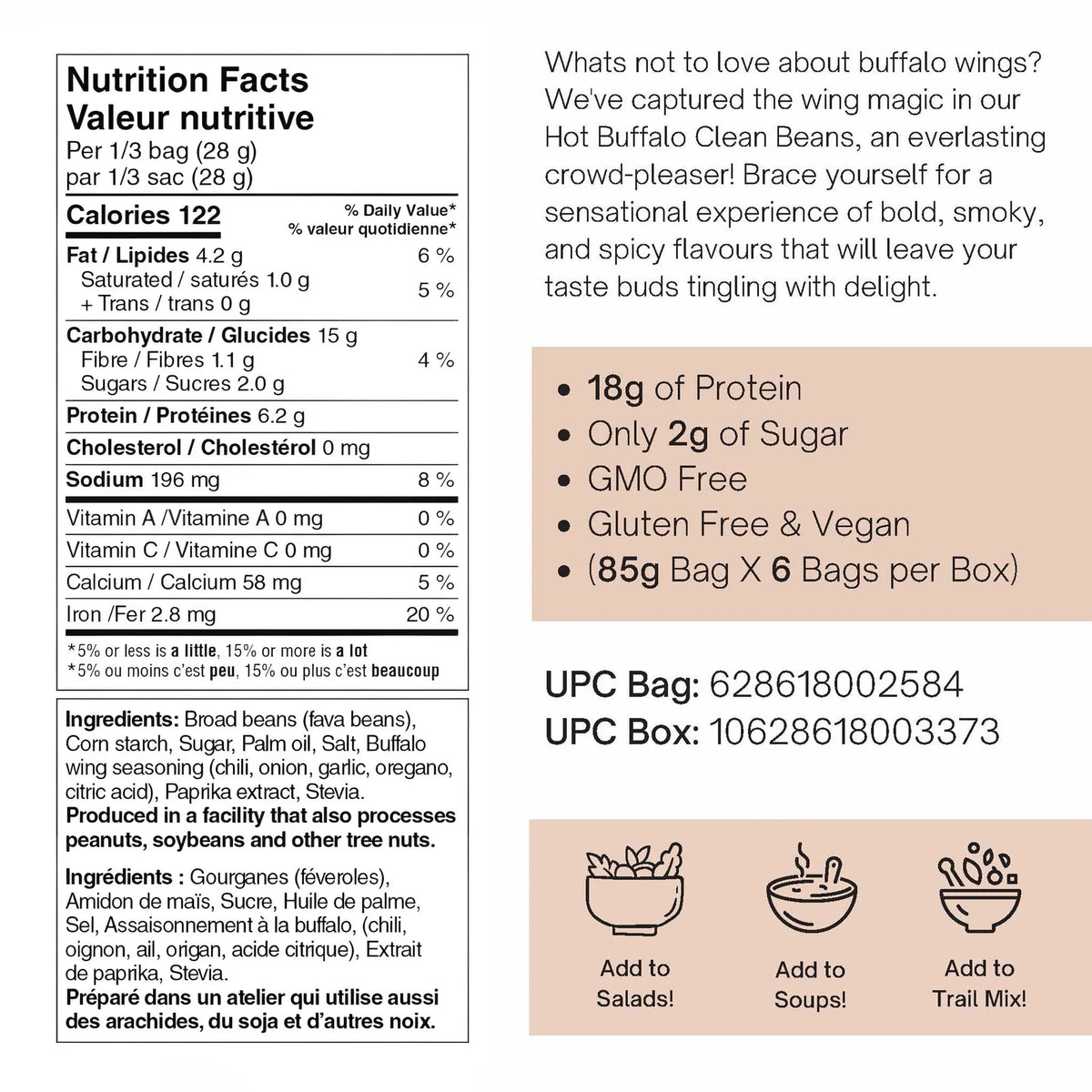 Nutraphase Clean Beans Hot Buffalo Wing Nutrition Facts panel, 122 calories and 18g protein