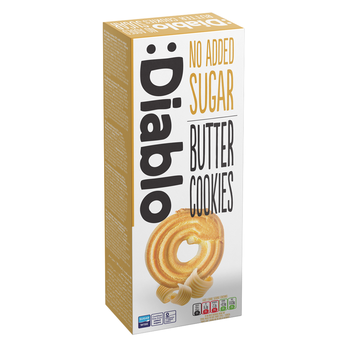 Diablo No Added Sugar Butter Cookies, 135g box, front of pack