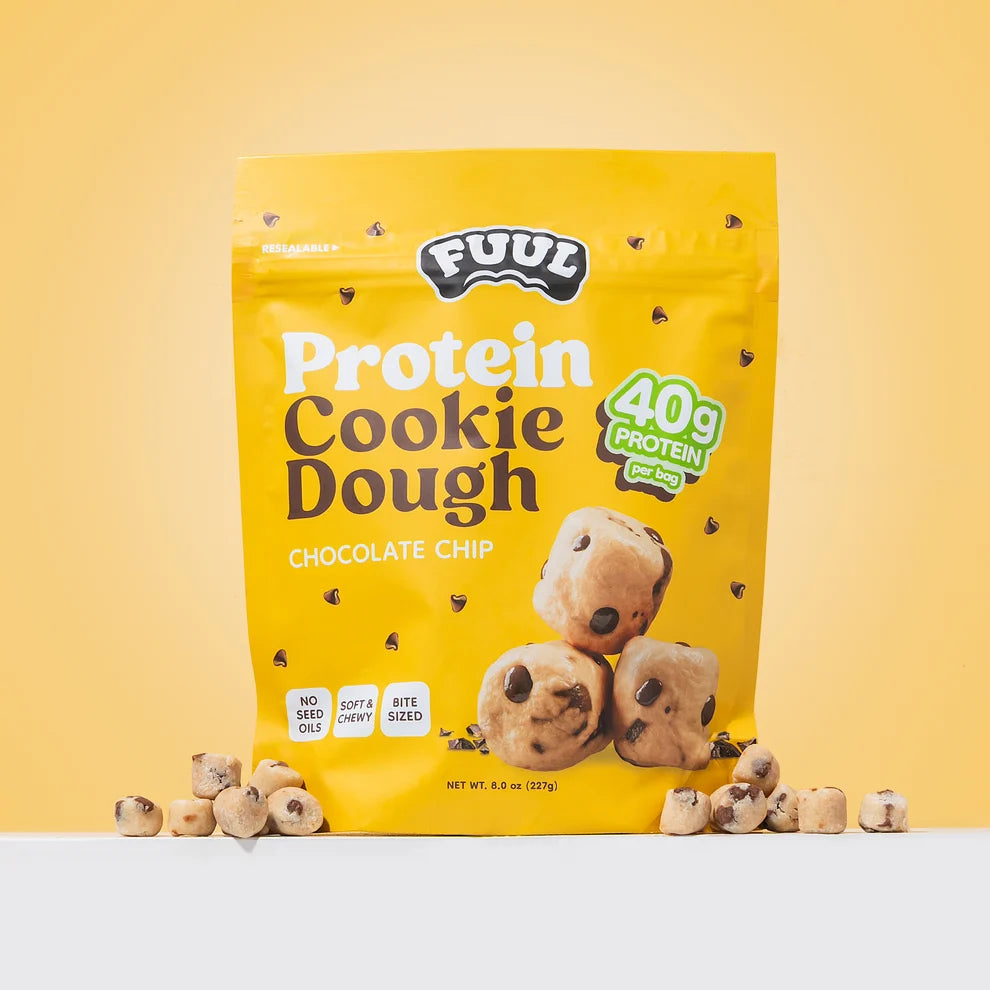 FUUL Protein Cookie Dough Bites 8oz bag, Chocolate Chip and Fudge Brownie, high protein snack sold in Canada