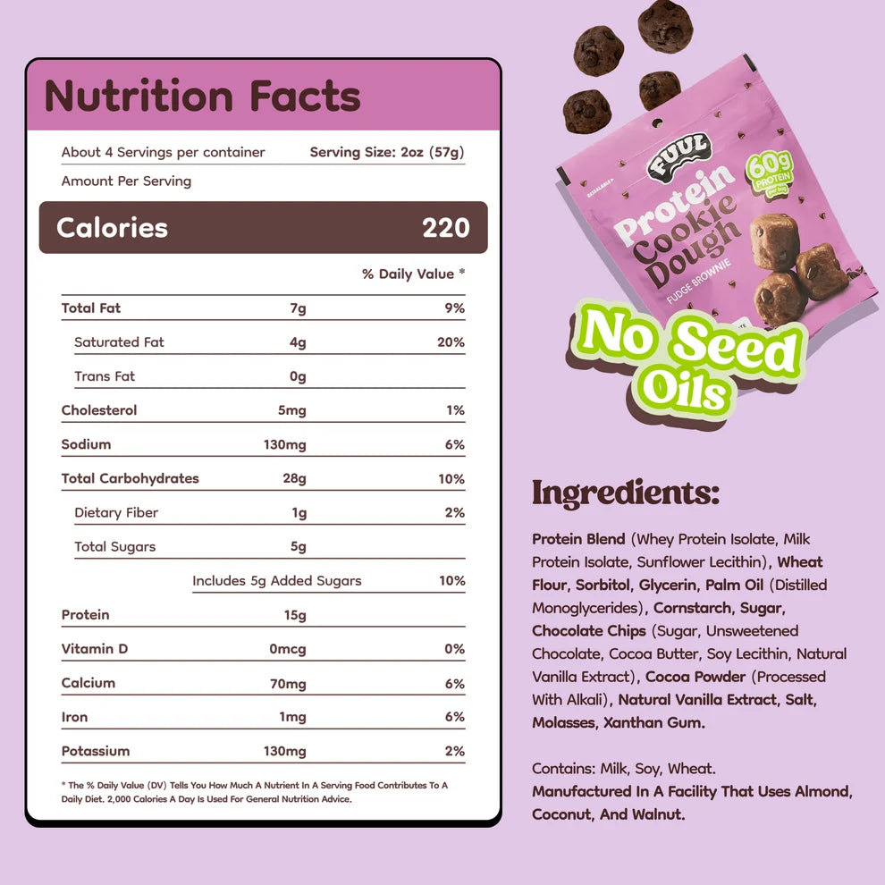 FUUL Protein Cookie Dough Bites 8oz bag with 4 servings, up to 60g protein per bag, no seed oils snack