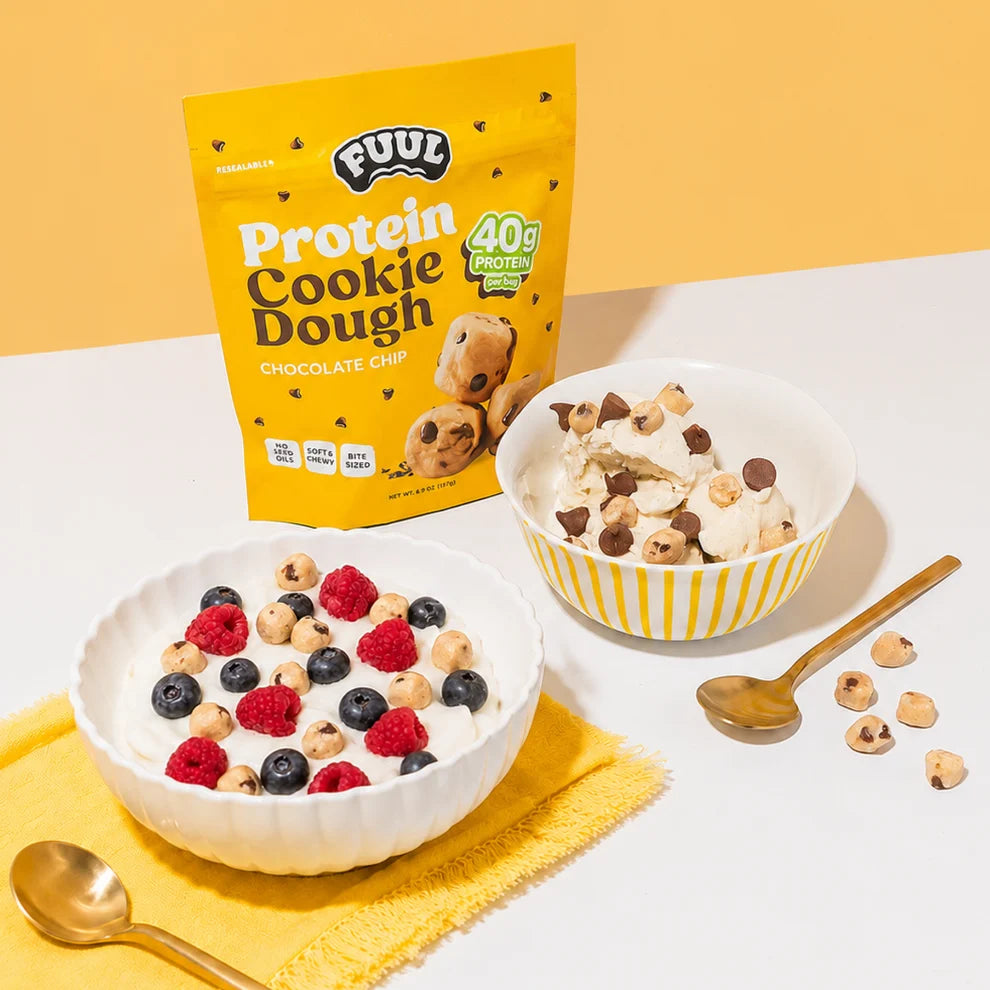 FUUL Protein Cookie Dough Bites close-up of soft edible cookie dough pieces, 40 to 60g protein per 8oz bag