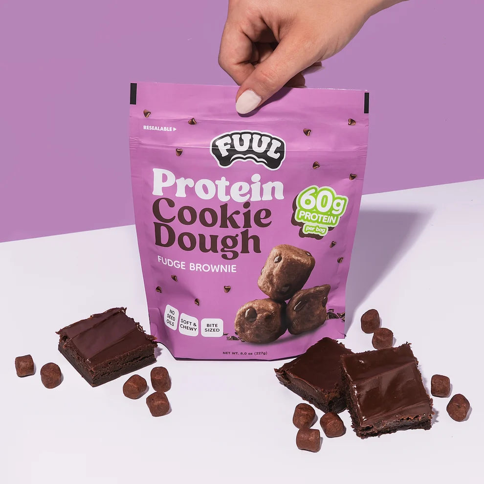 FUUL Protein Cookie Dough Bites bag detail showing soft edible dough texture, high protein sweet snack