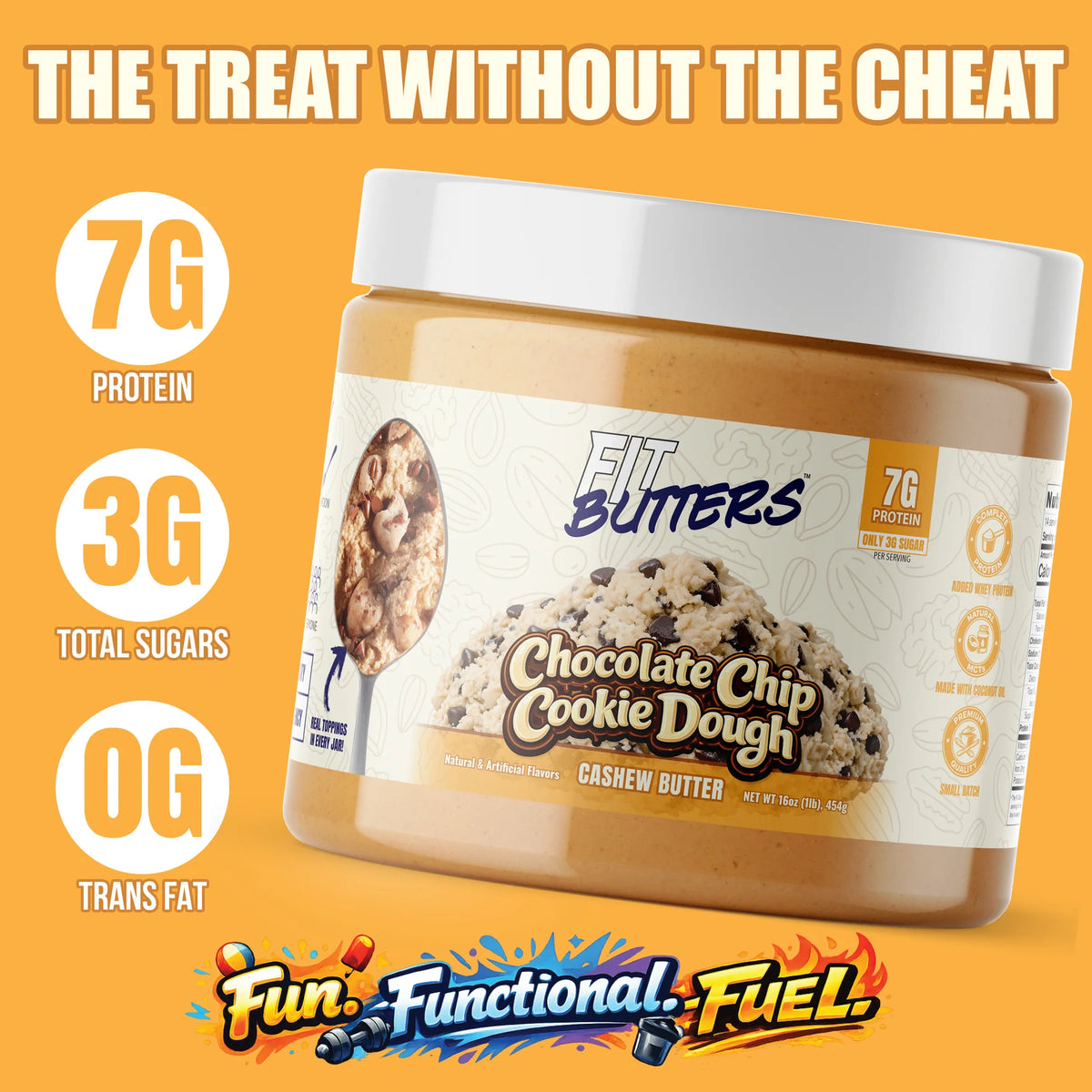 Fit Butter Chocolate Chip Cookie Dough nut butter, open jar showing chocolate chips