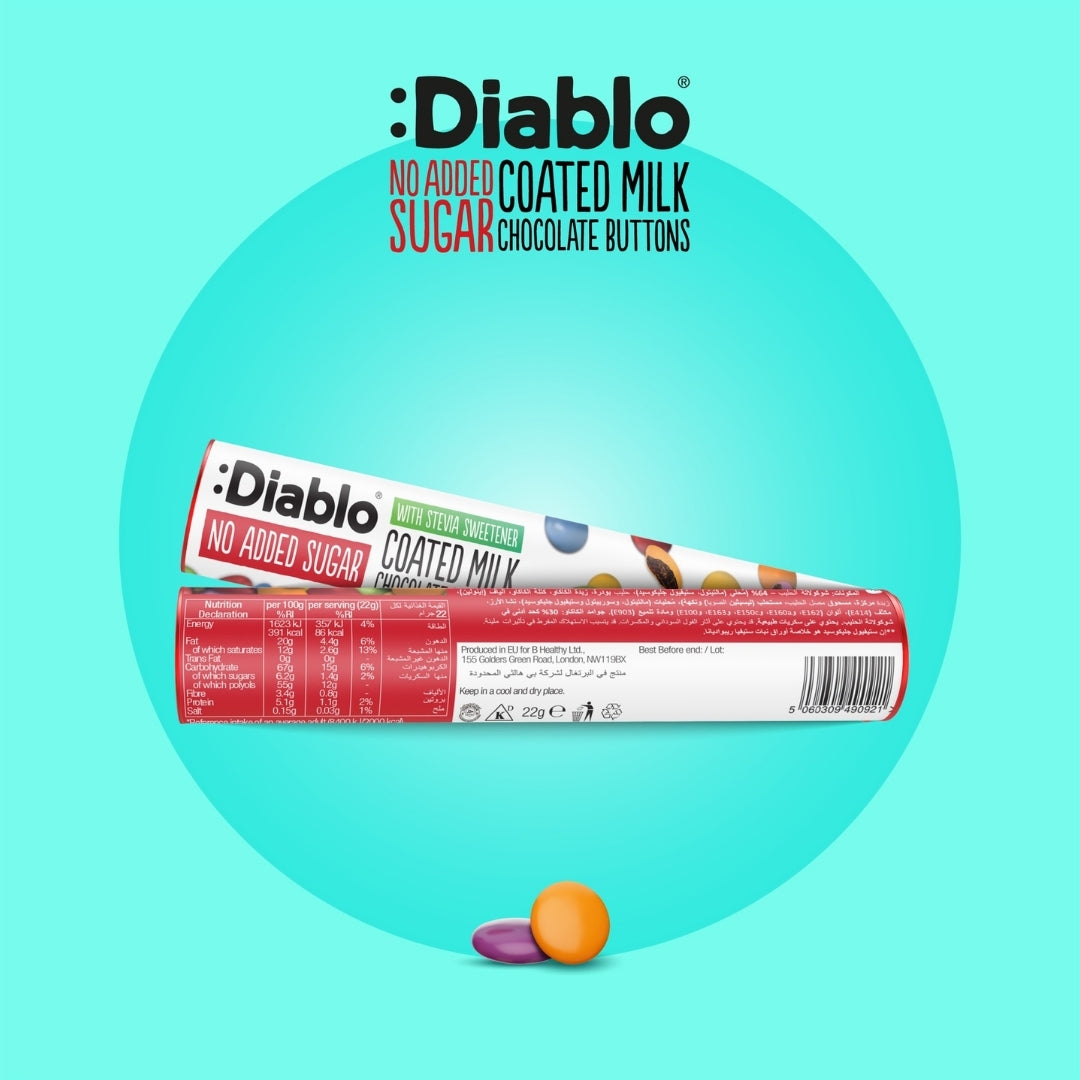 Diablo Coated Milk Chocolate Buttons 22g tube Nutrition Facts panel and ingredient list on the back