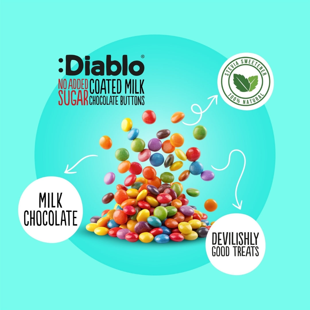 Diablo No Added Sugar Coated Milk Chocolate Buttons with stevia sweetener, colourful milk chocolate beans
