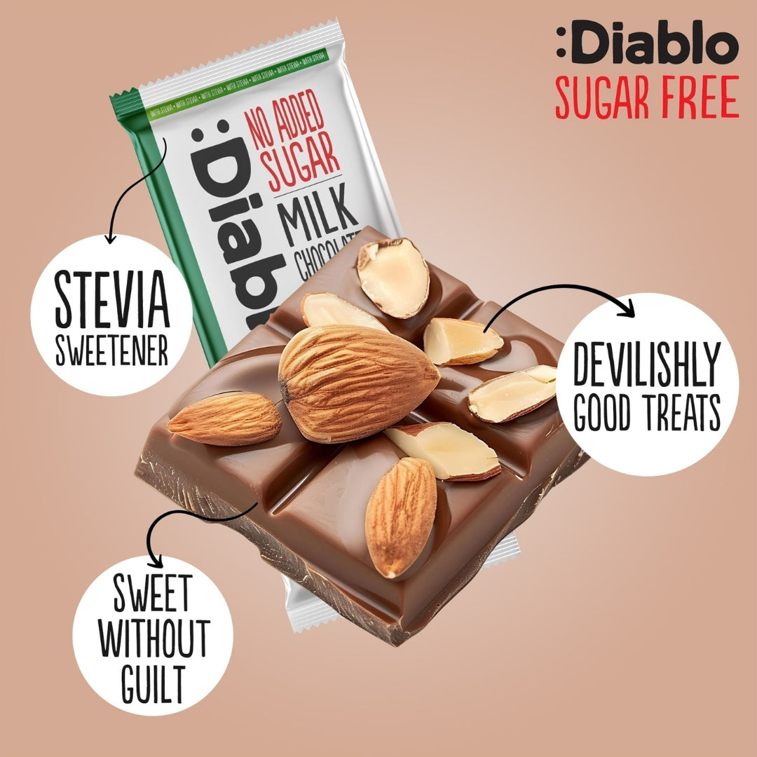 Diablo No Added Sugar Milk Chocolate with Almonds bar, 75g, stevia and maltitol sweetened, pack shot