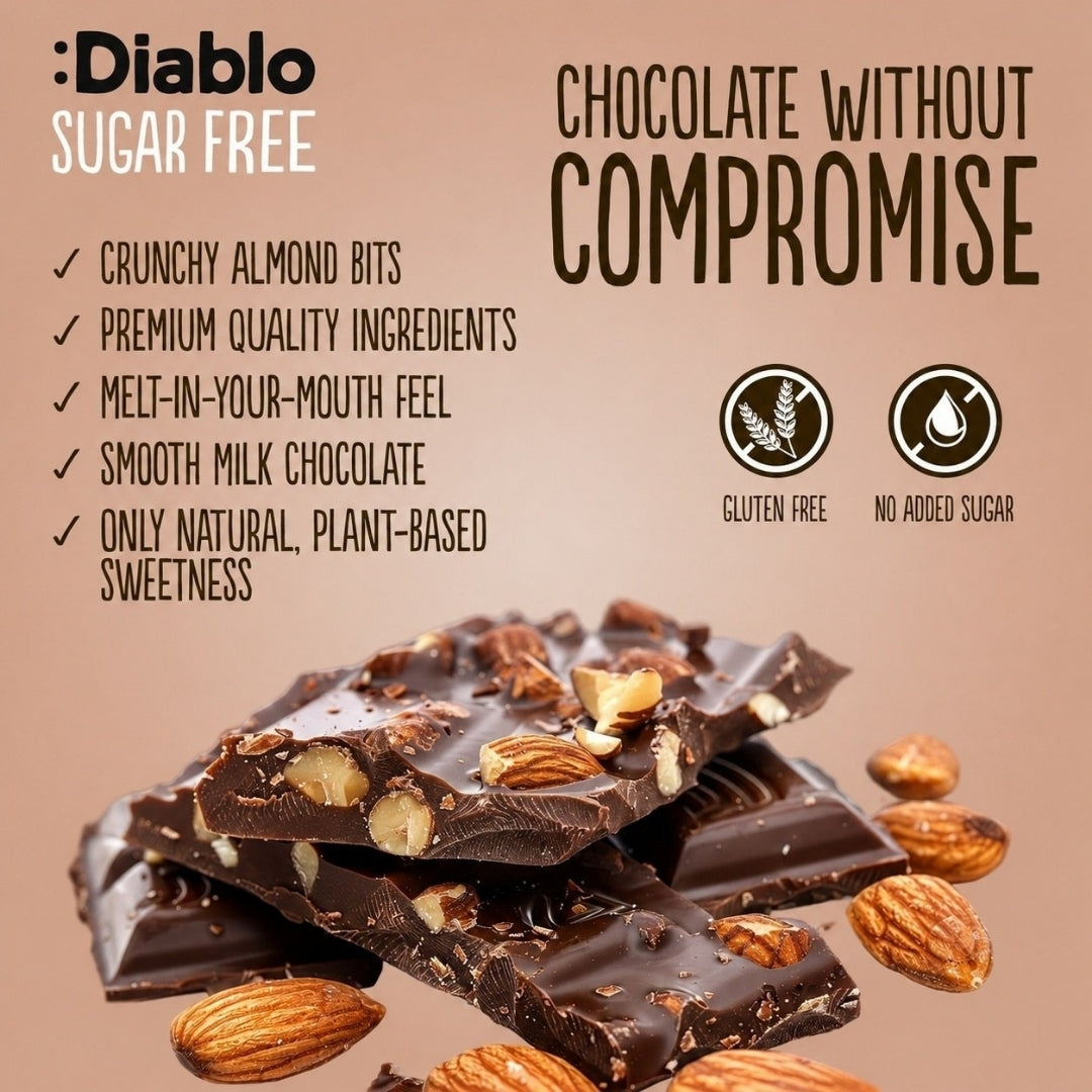 Diablo No Added Sugar Milk Chocolate with Almonds 75g: crunchy almond pieces in smooth stevia-sweetened chocolate