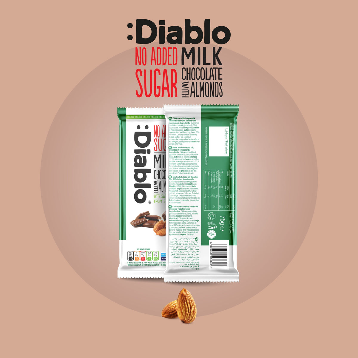 Diablo Milk Chocolate with Almonds 75g bar Nutrition Facts panel and multilingual ingredient list on pack
