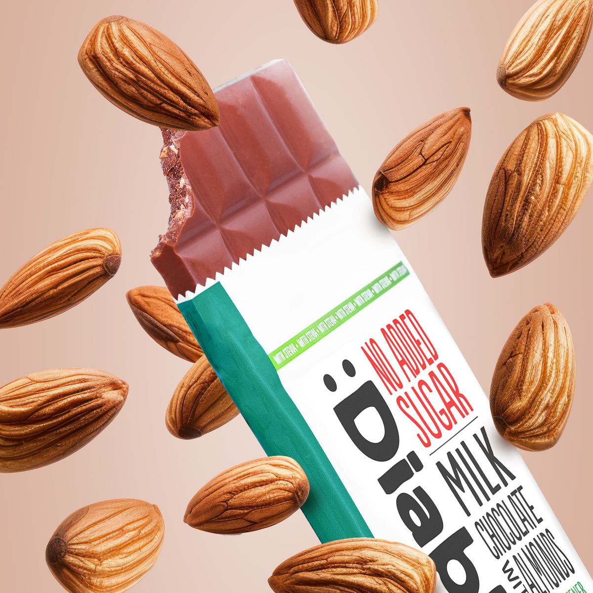 Diablo No Added Sugar Milk Chocolate with Almonds 75g bar with a bite taken, surrounded by whole almonds