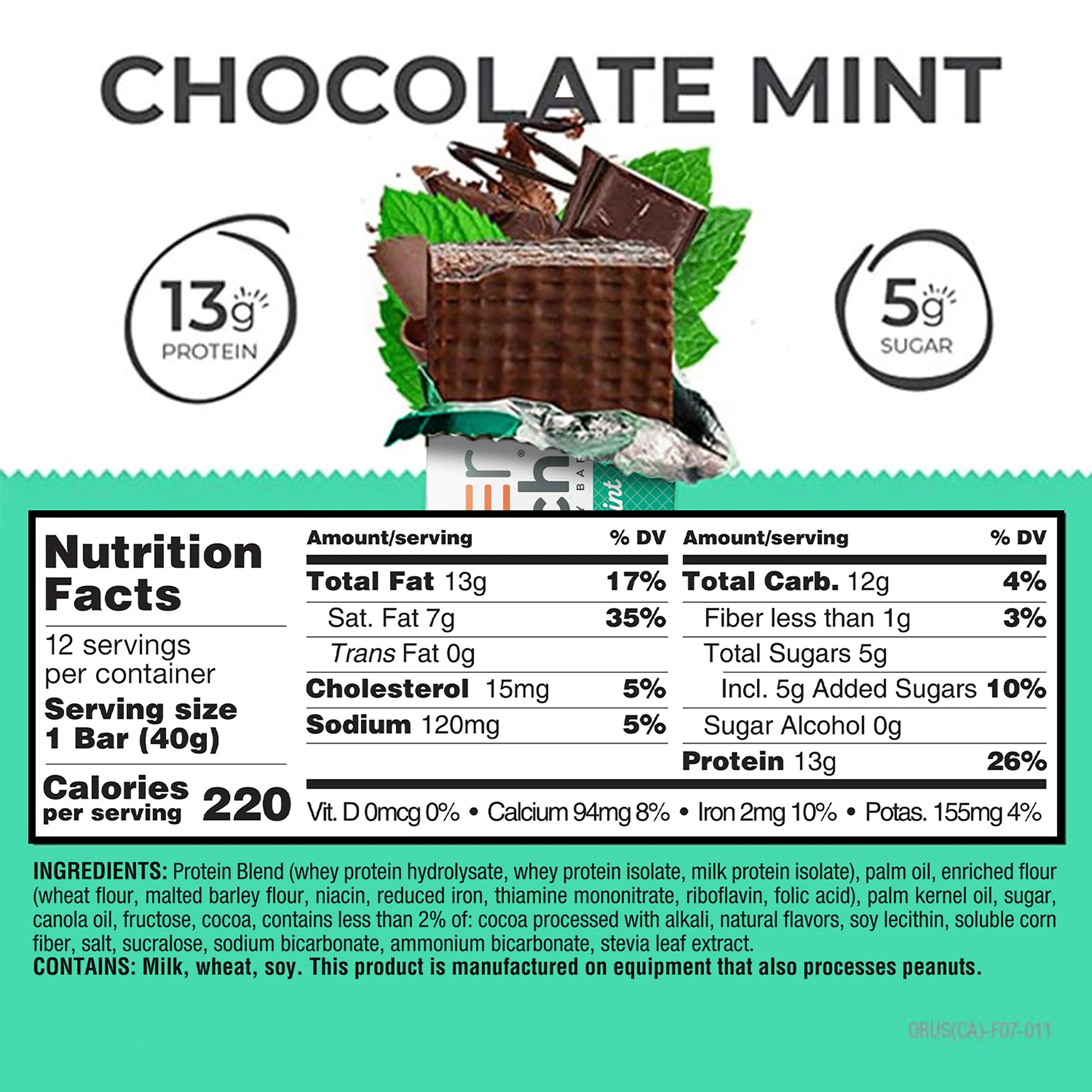 Power Crunch Protein Bar Chocolate Mint Nutrition Facts label — 13g protein, 5g sugar per bar