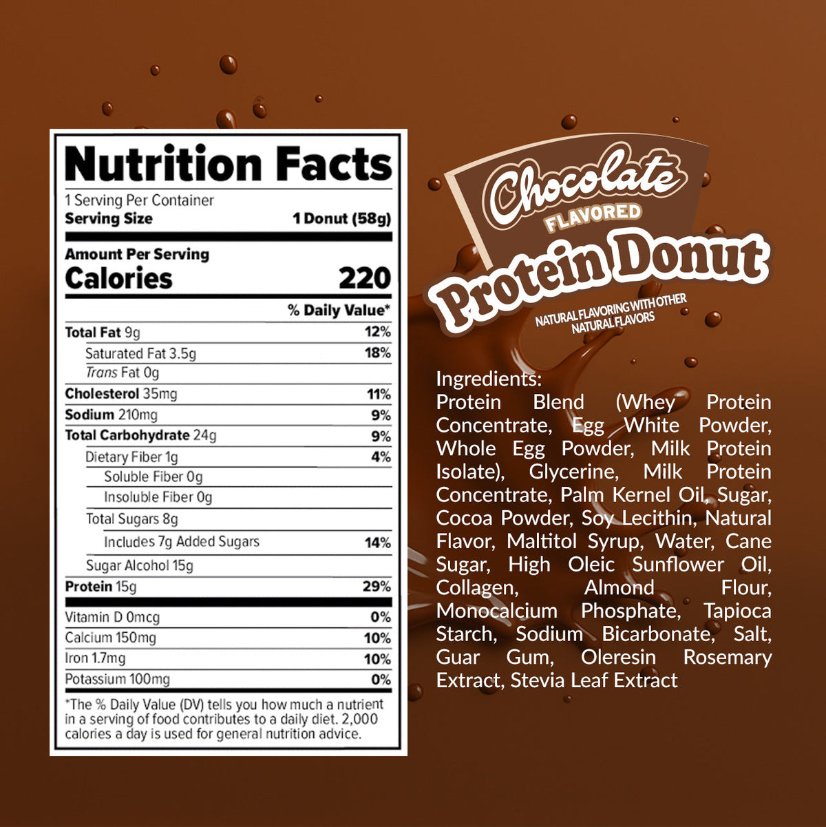 Redefine Foods Chocolate Protein Donut Nutrition Facts panel and ingredients per 58g donut