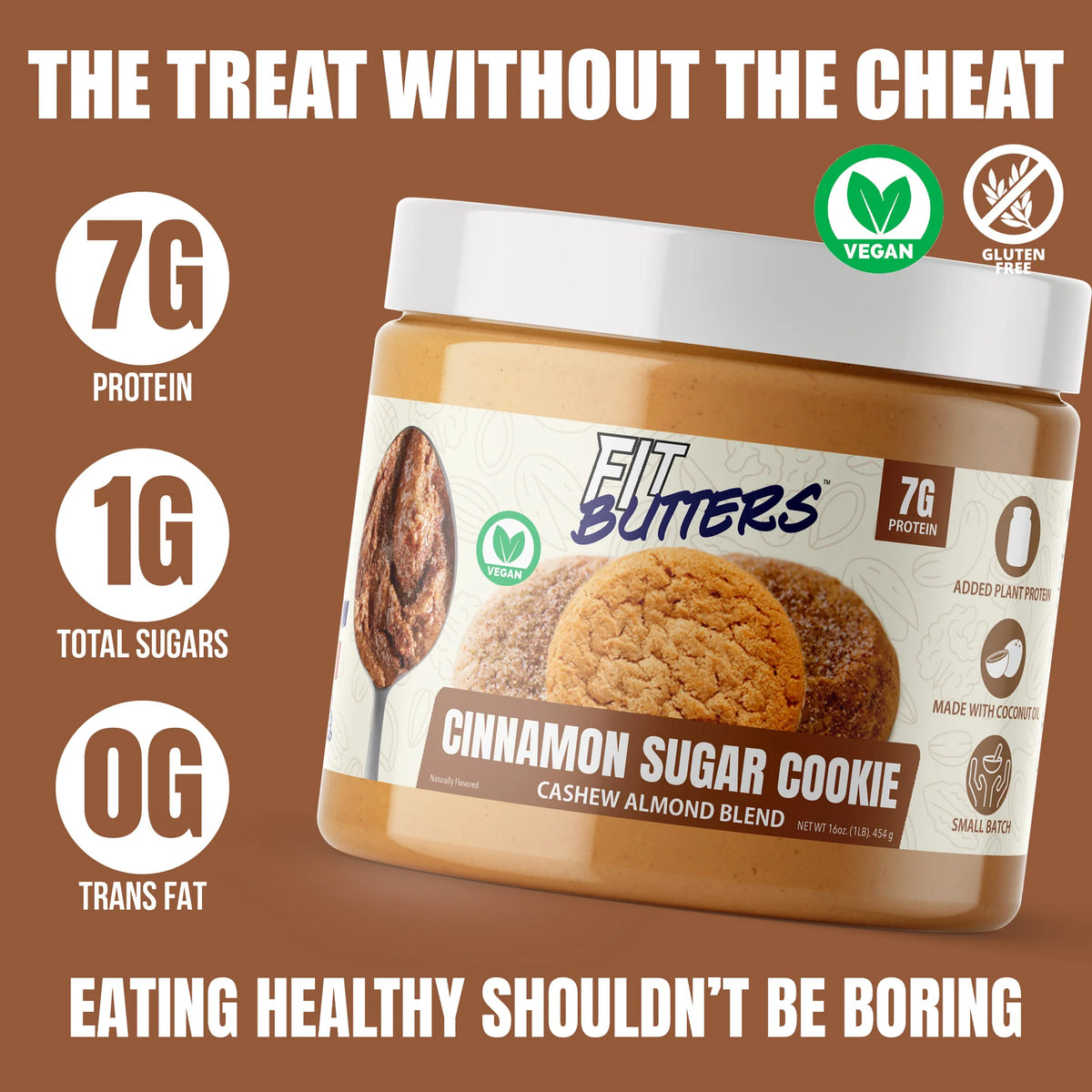 Fit Butter Cinnamon Sugar Cookie vegan nut butter, open jar showing the cinnamon-sugar swirl