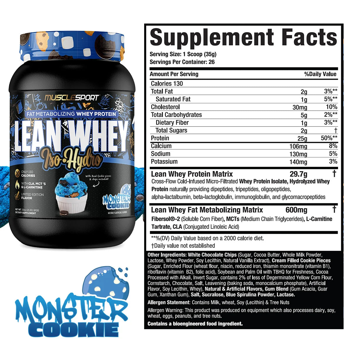 MuscleSport Lean Whey Iso Hydro whey isolate protein tub, 2lb 26 servings
