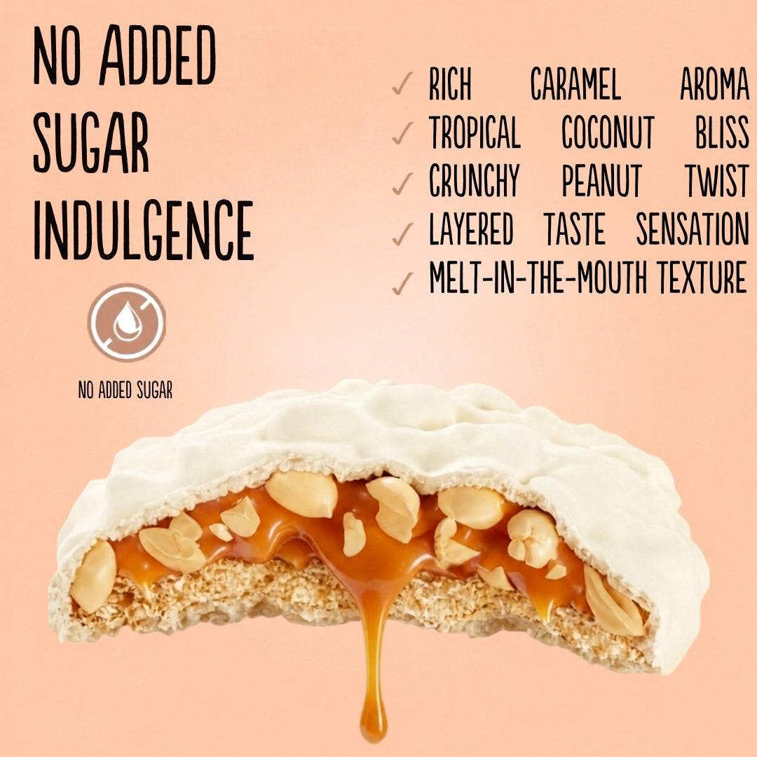 Diablo No Added Sugar Coconut Cookie with caramel and peanut filling dripping from a white coated base