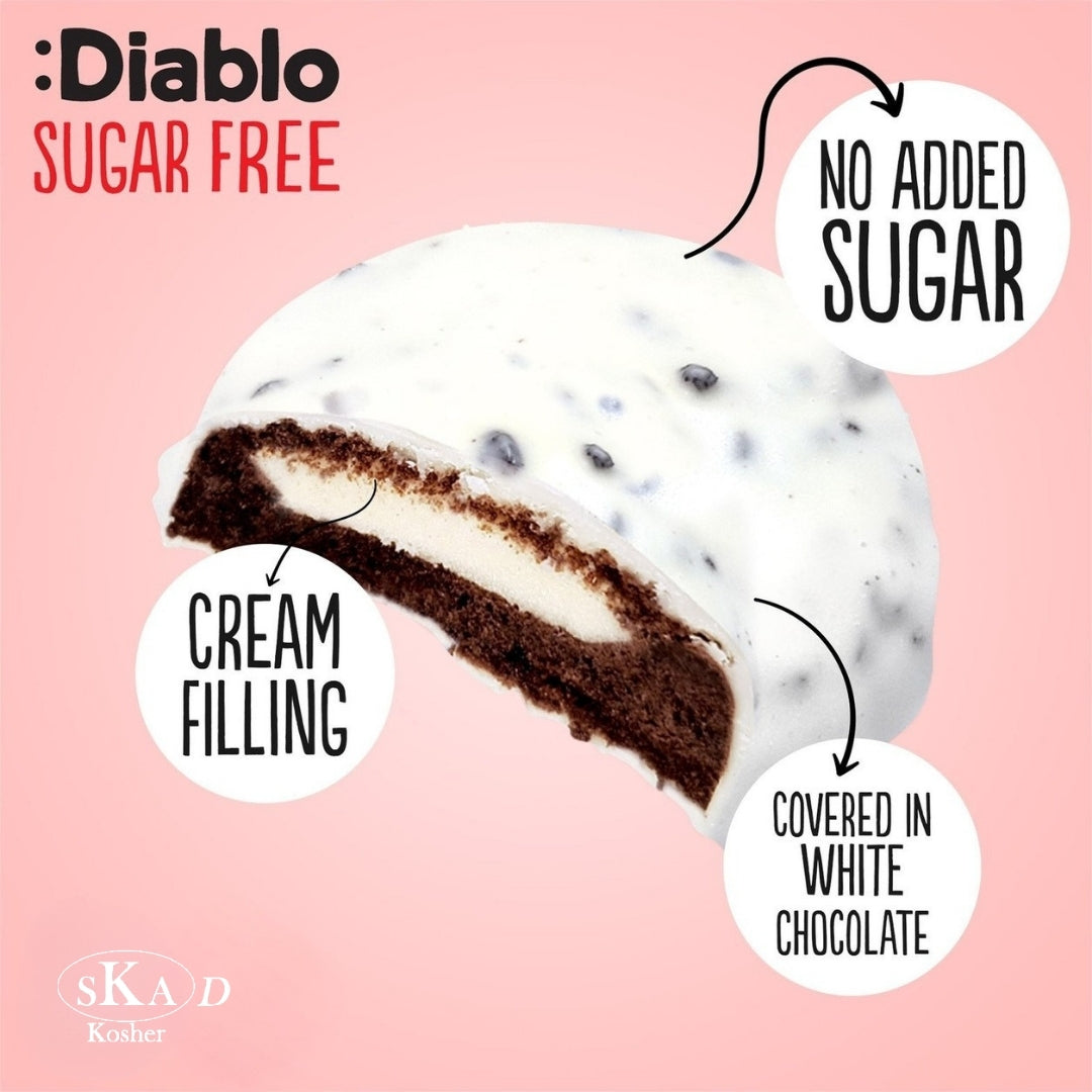 Diablo Cookies and Cream biscuit cross-section showing cream filling and cookie-flecked white coating