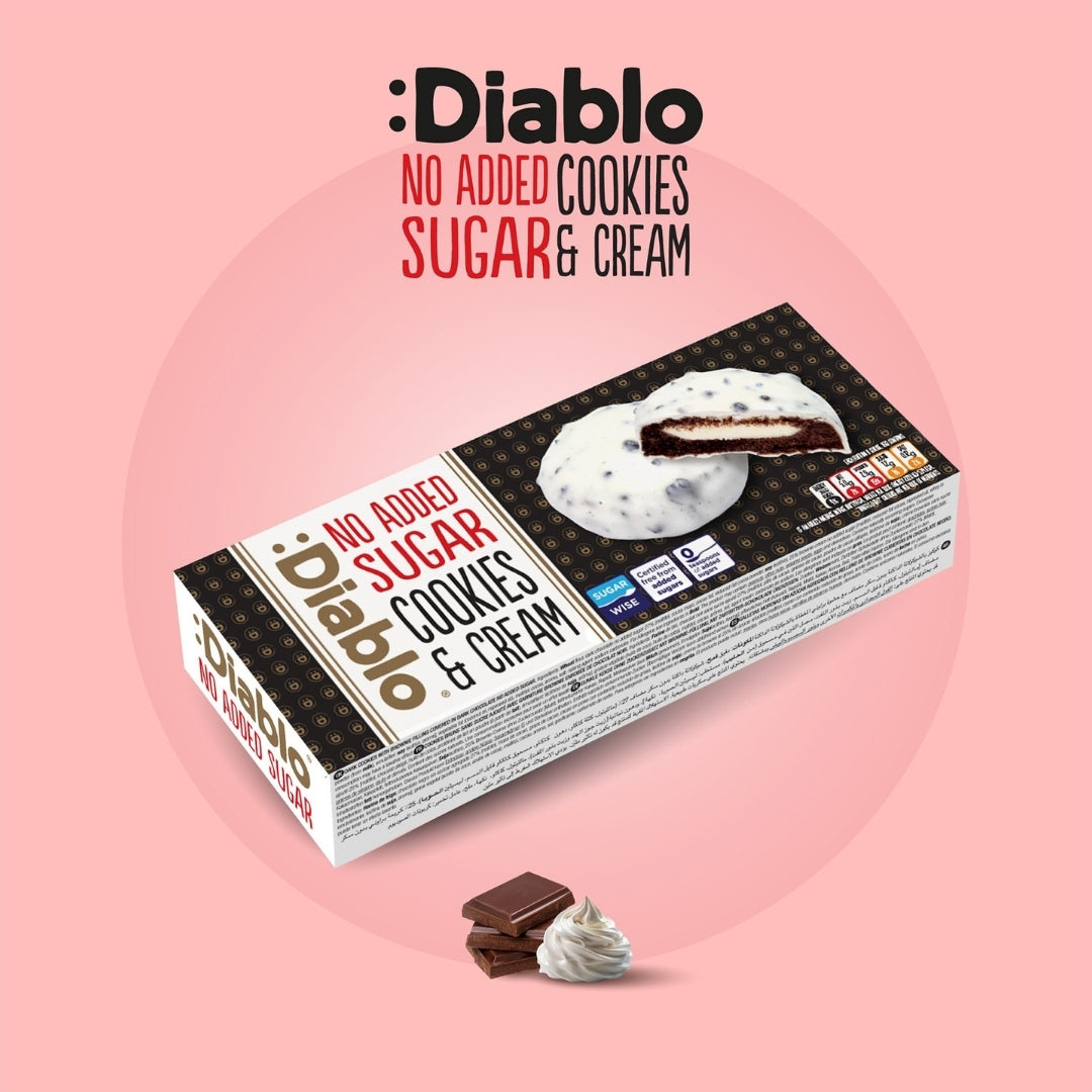 Diablo No Added Sugar Cookies and Cream box, white chocolate coated biscuits shown at an angle