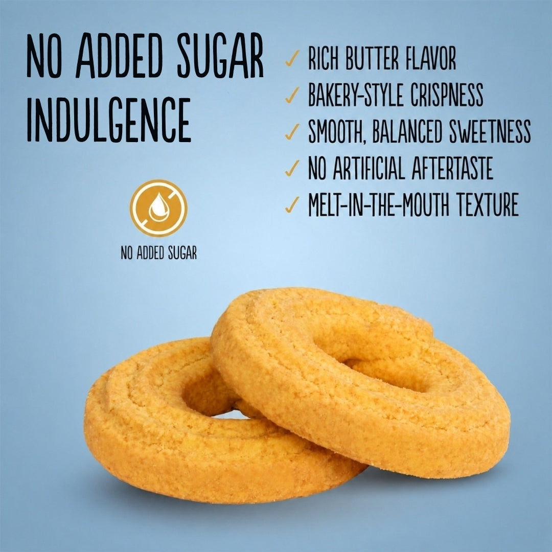 Two Diablo No Added Sugar Butter Cookies, golden ring-shaped Danish-style shortbread biscuits