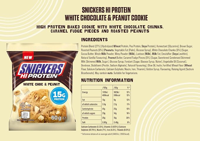Snickers Hi-Protein White Choc & Peanut Cookie Nutrition Facts label — 15g protein per 60g cookie, with ingredients