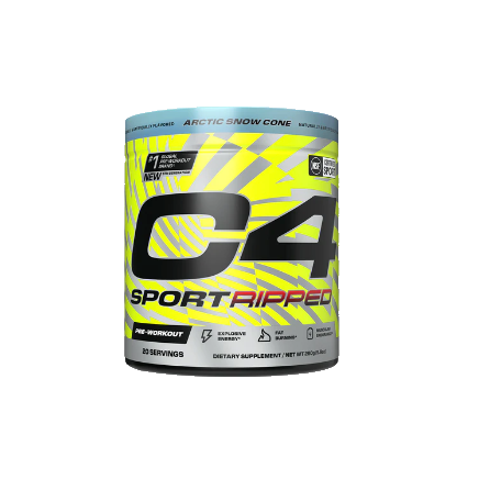 Cellucor C4 Sport Ripped pre-workout tub in Arctic Snow Cone, yellow and blue design, 30 servings