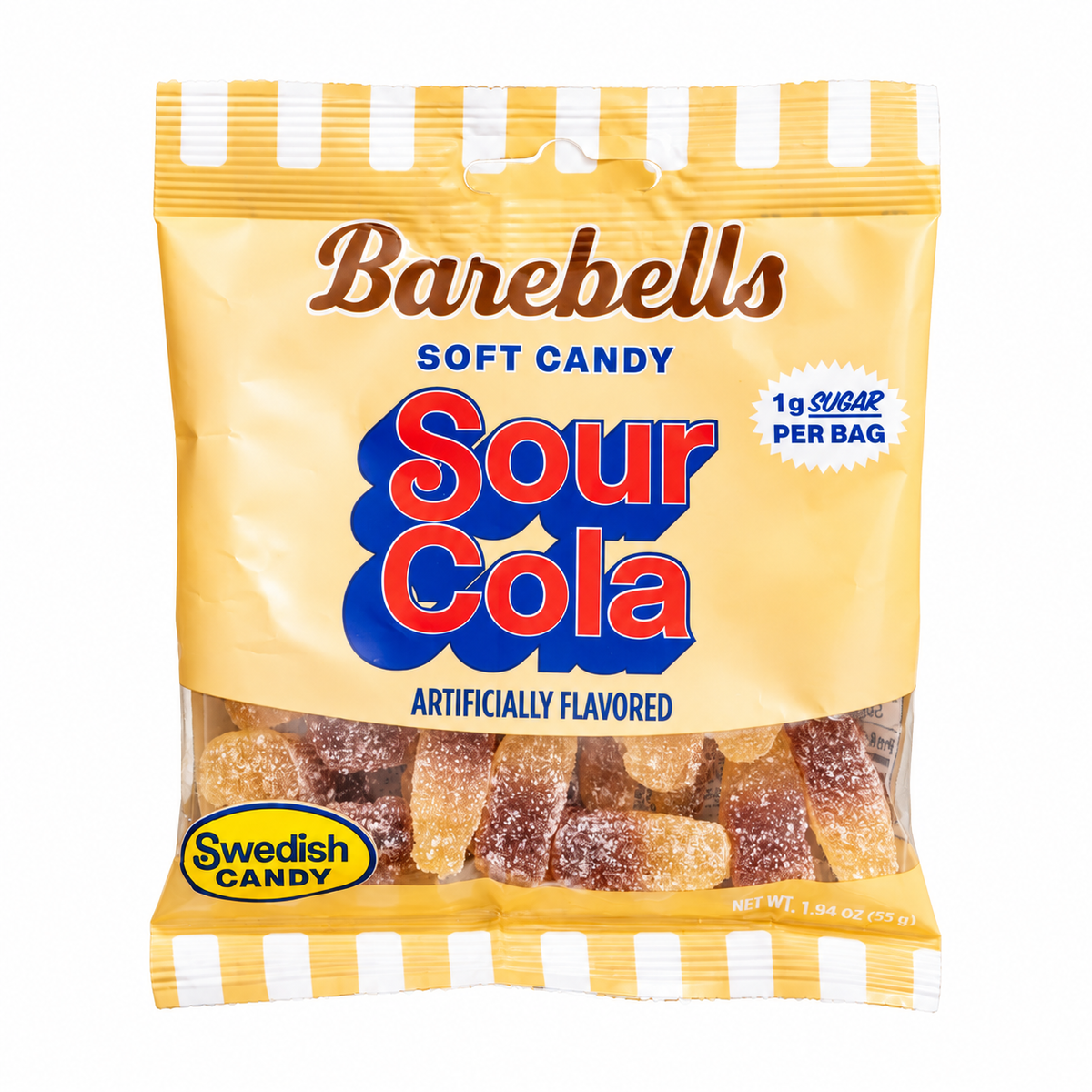 Barebells Soft Candy Sour Cola gummies in a 55g Swedish candy bag, front of package