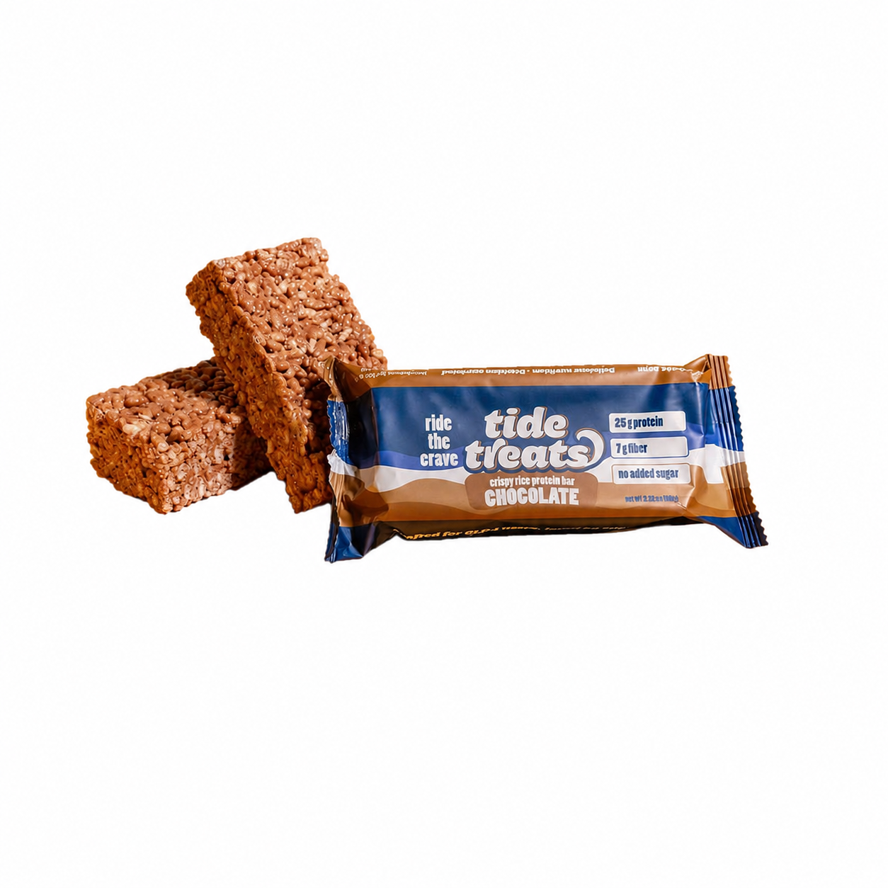 Tidetreats Chocolate Protein Bar — front of wrapper with two unwrapped crispy bars