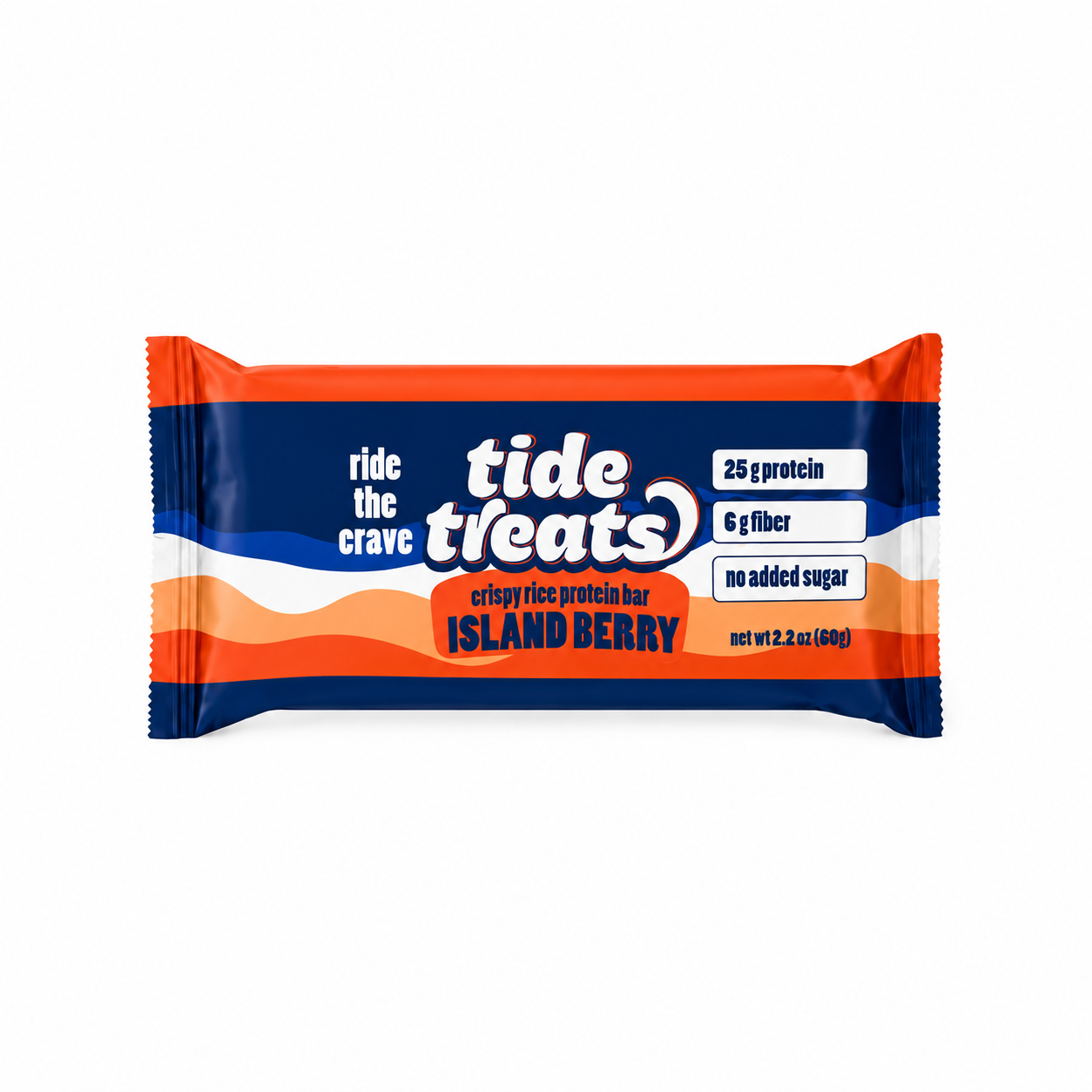 Tidetreats Island Berry Protein Bar — front of wrapper, 25g protein, no added sugar