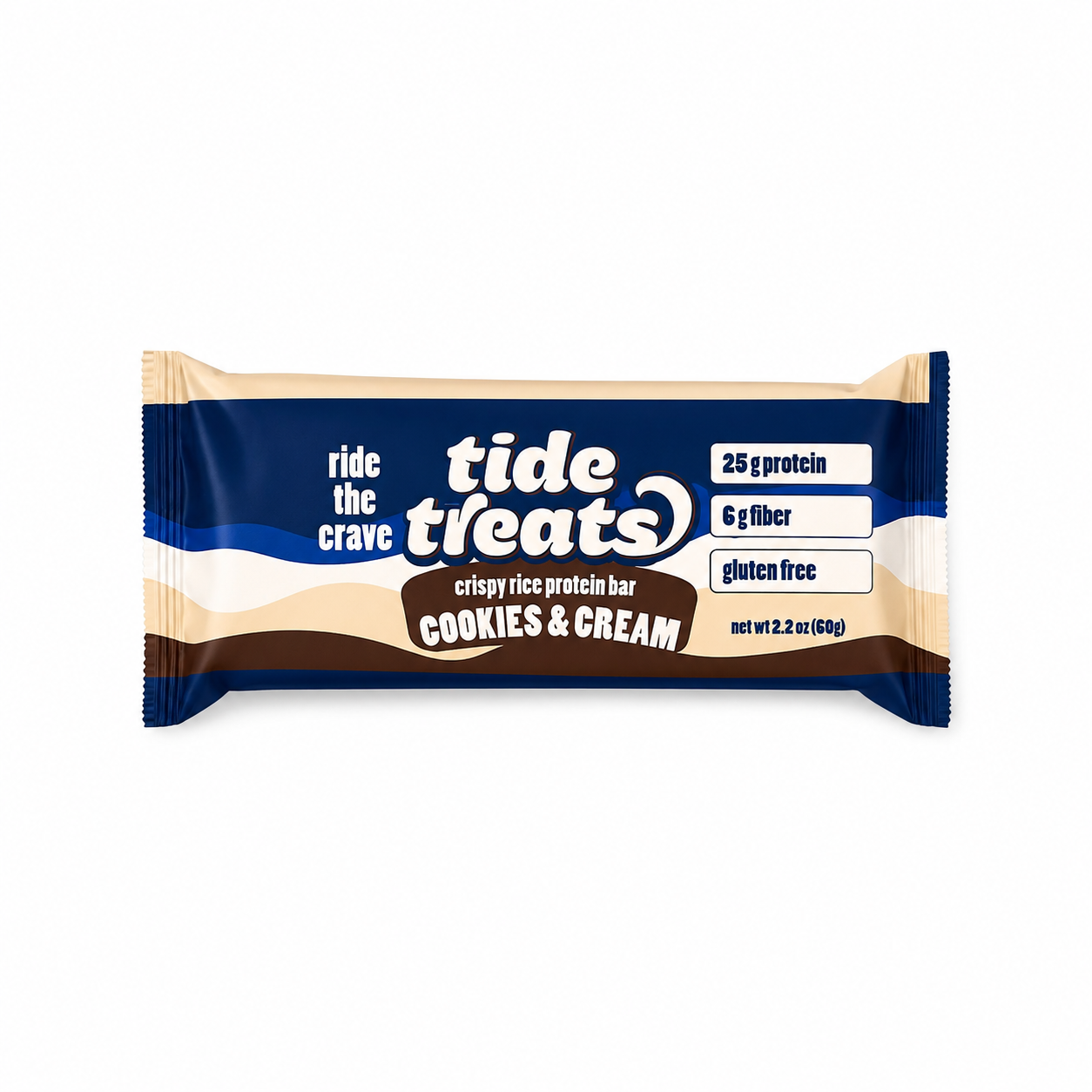 Tidetreats Cookies & Cream Protein Bar — front of wrapper, 25g protein, gluten-free