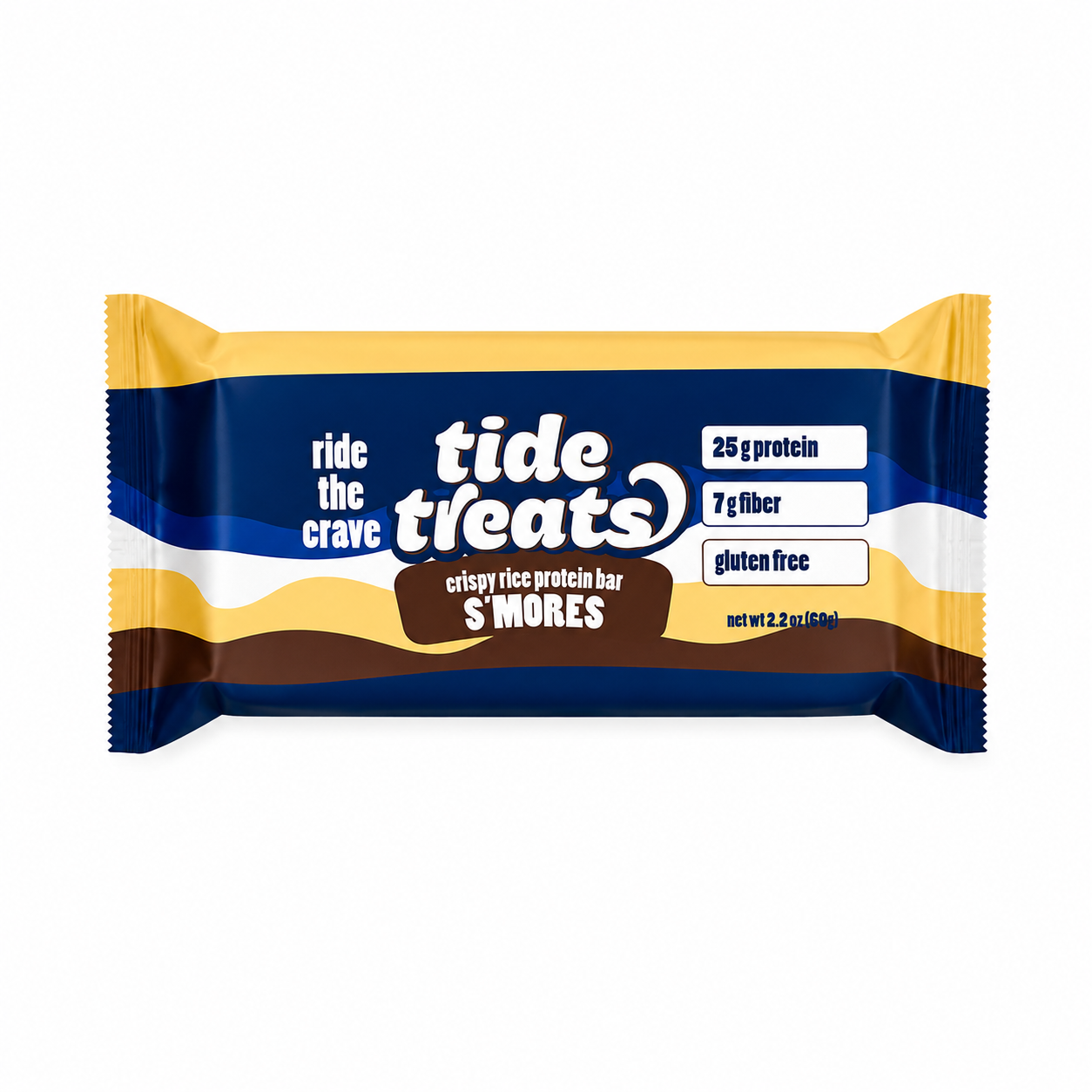 Tidetreats S'mores Protein Bar — front of wrapper, 25g protein, gluten-free