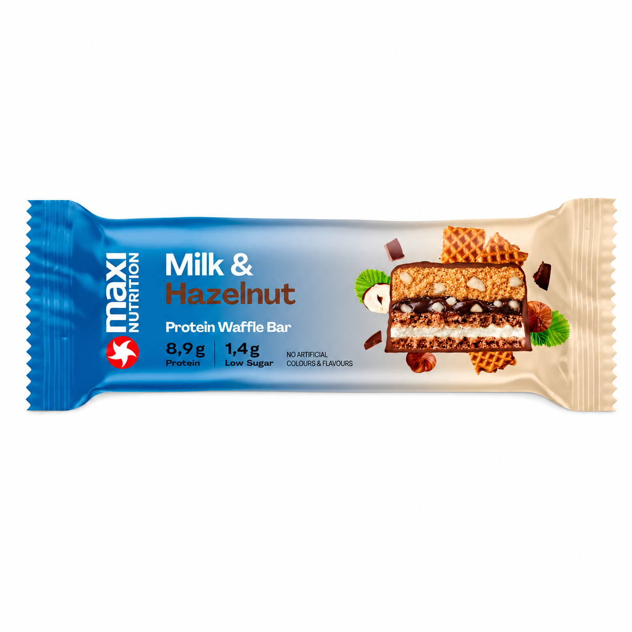 MaxiNutrition Milk & Hazelnut Protein Waffle Bar — front of bar, 8.9g protein low sugar snack in Canada