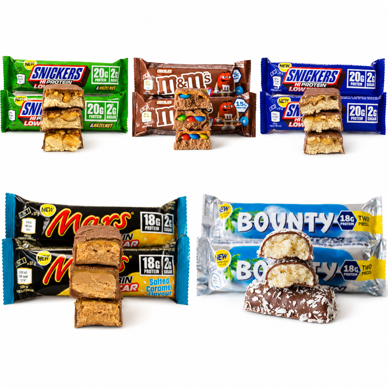 Snickers, M&M's, Mars & Bounty Hi-Protein bars — flavor lineup with bitten cross-sections showing caramel and coconut