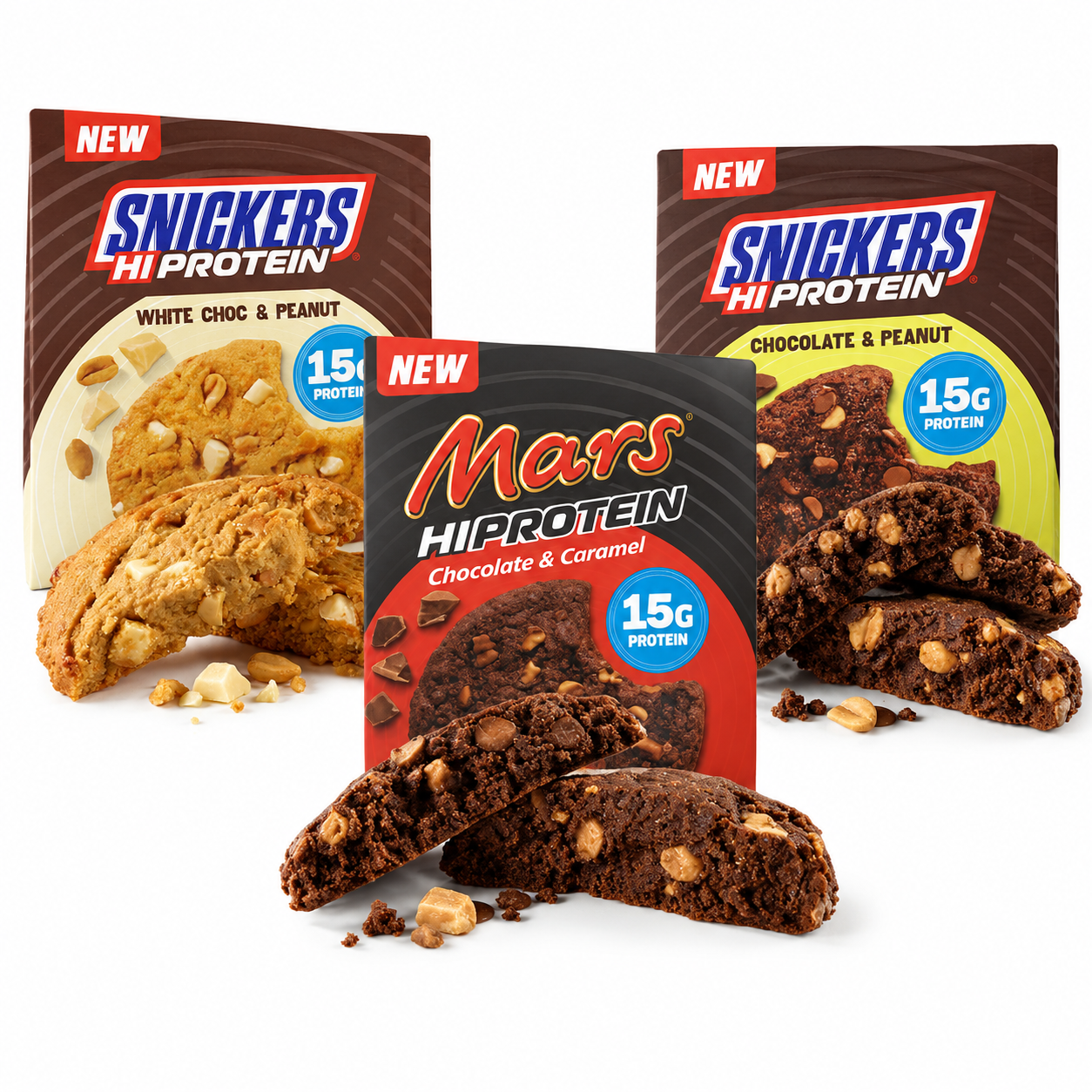 Mars & Snickers Hi-Protein Cookies — three flavors, Mars Chocolate & Caramel and Snickers White Choc and Chocolate & Peanut, 15g protein