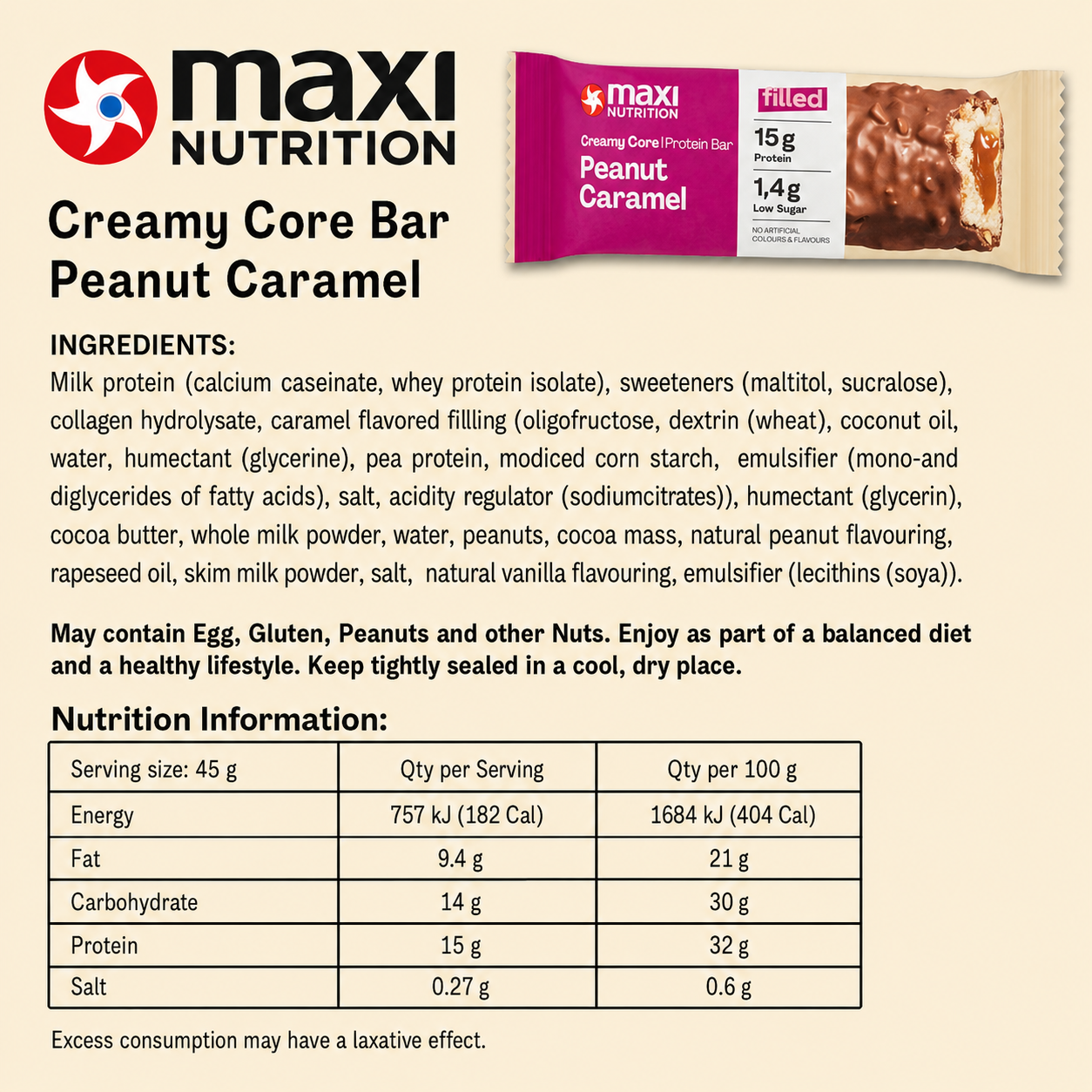 Maxi Creamy Core Protein Bar Peanut Caramel ingredients and Nutrition Information label, 15g protein