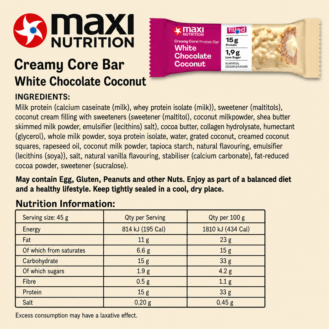 Maxi Creamy Core Protein Bar White Chocolate Coconut ingredients and Nutrition Information, 15g protein