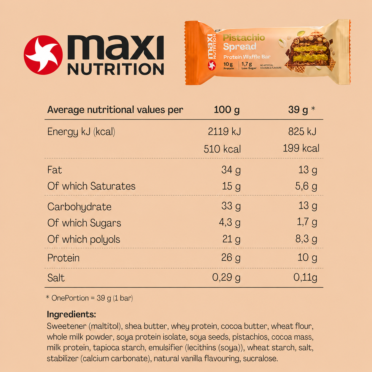 MaxiNutrition Pistachio Spread Waffle Bar Nutrition Facts label and ingredients — 10g protein per bar