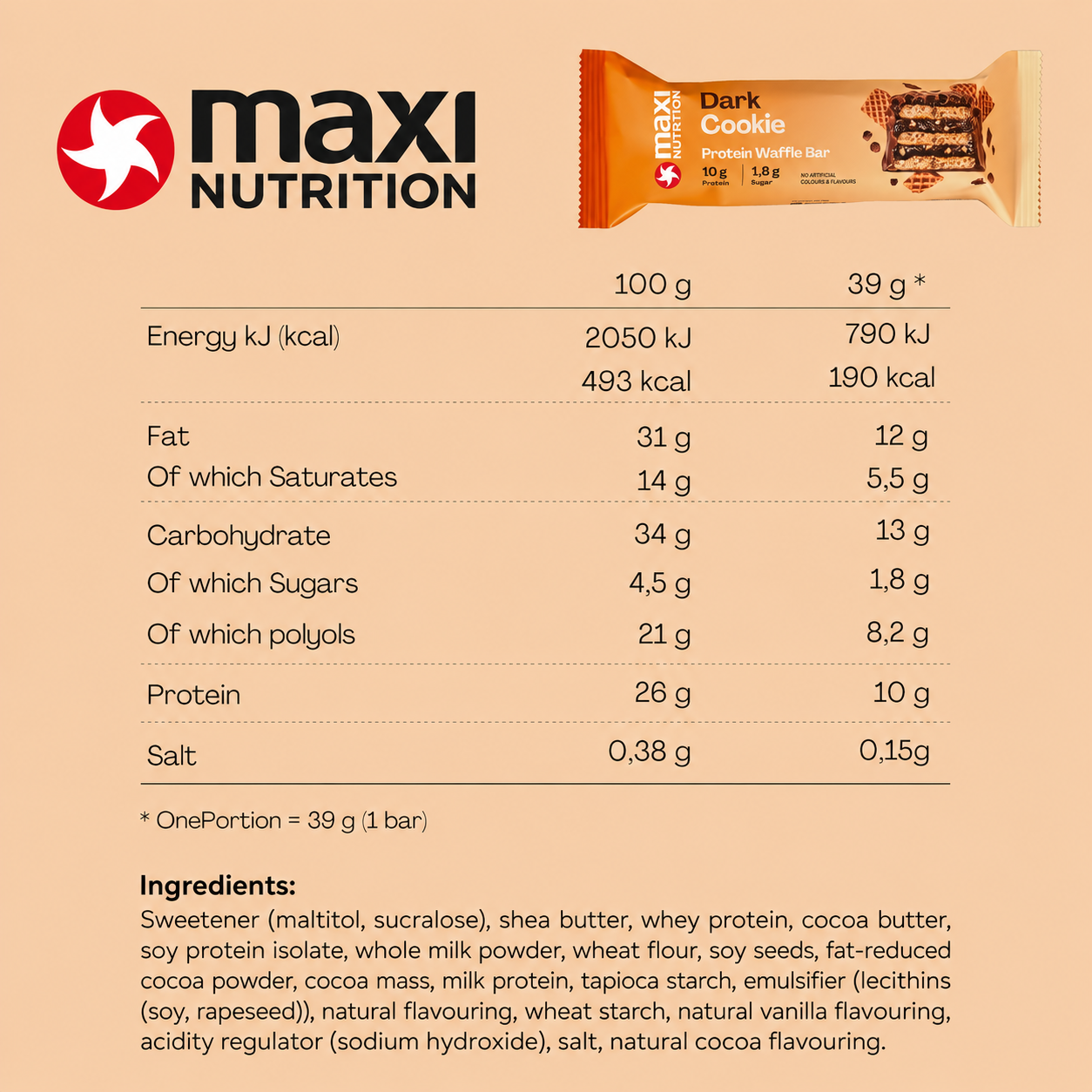 MaxiNutrition Dark Cookie Waffle Bar Nutrition Facts label and ingredients — 10g protein per bar