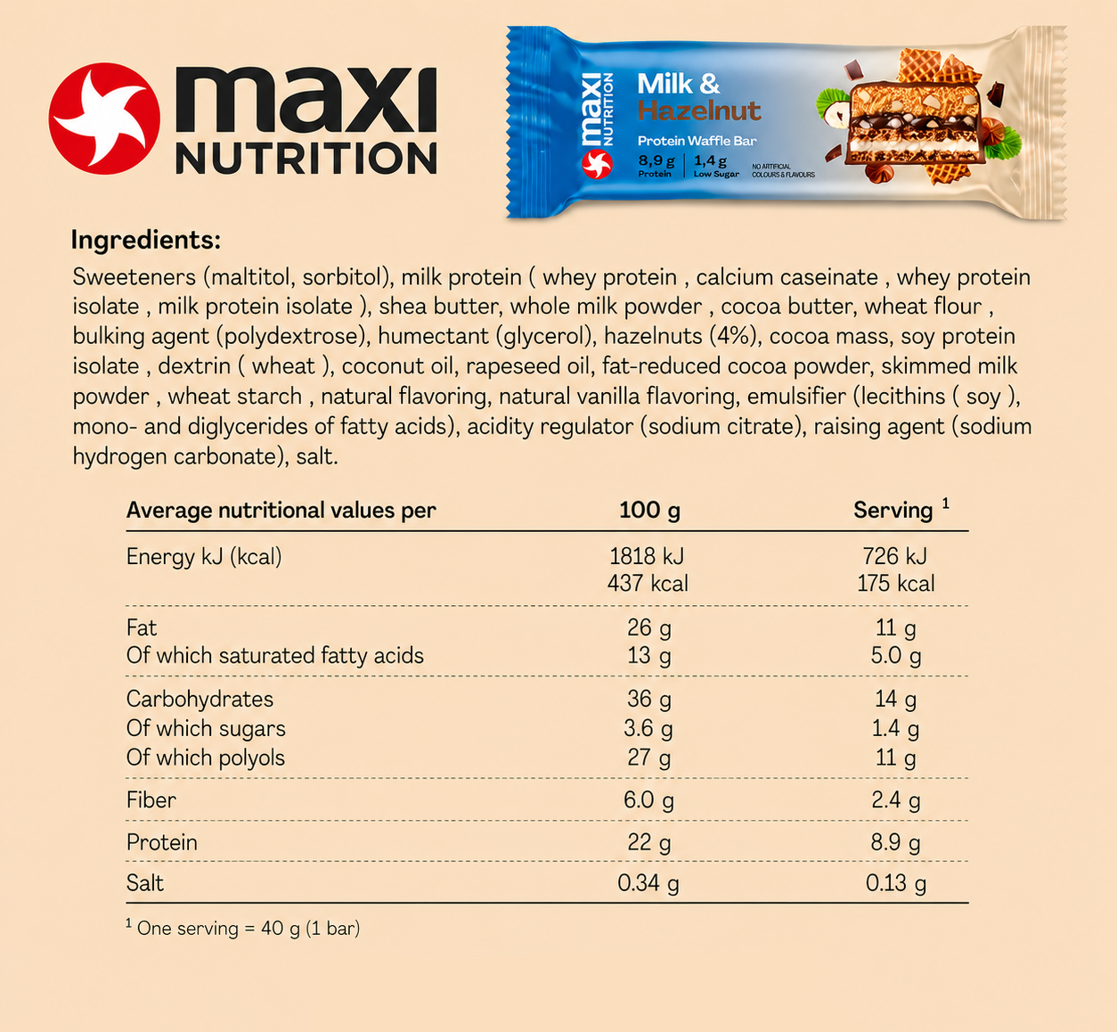 MaxiNutrition Milk & Hazelnut Waffle Bar Nutrition Facts label and ingredients — 8.9g protein per bar