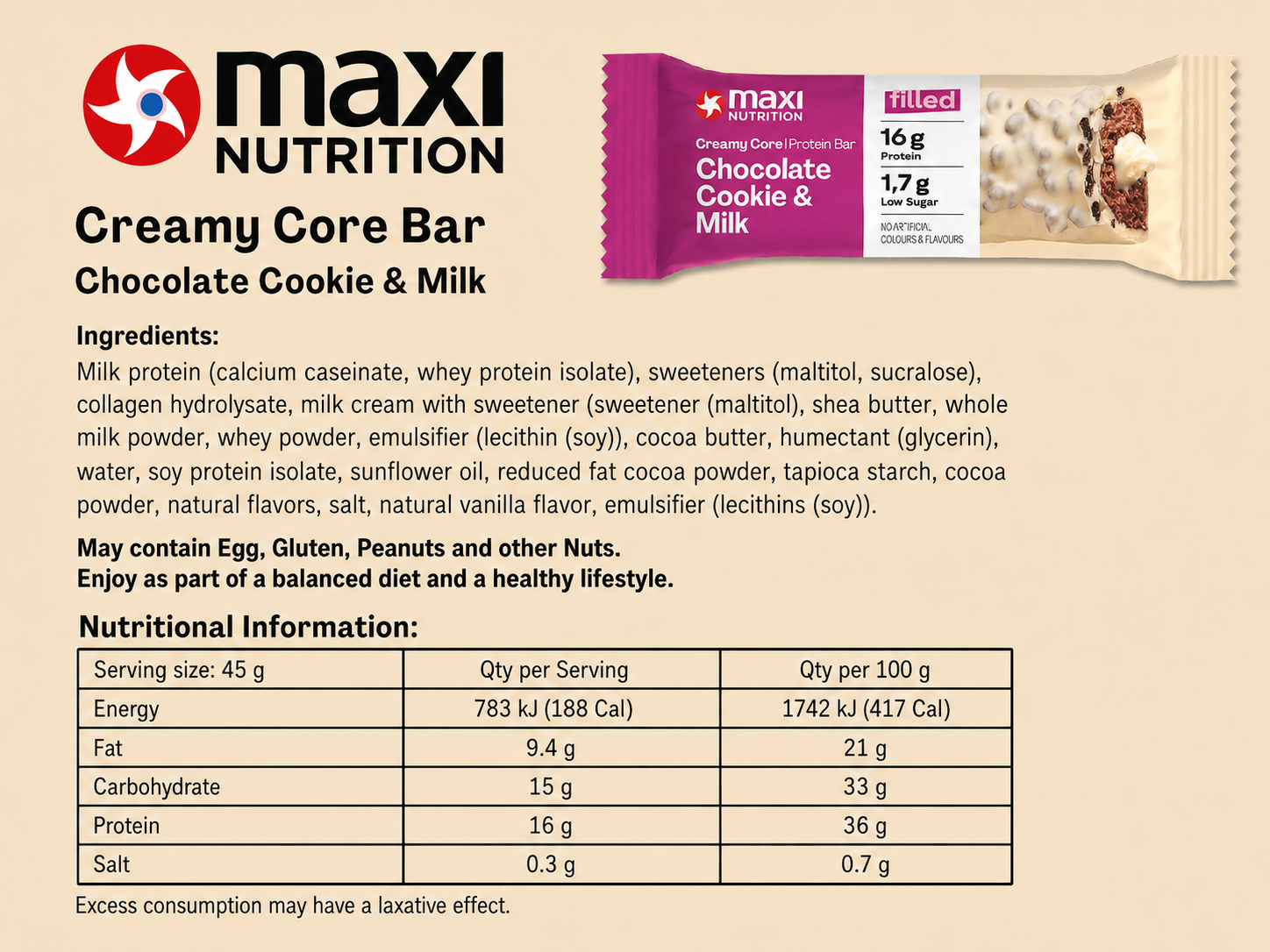 Maxi Creamy Core Protein Bar Chocolate Cookie and Milk ingredients and Nutrition Information, 16g protein