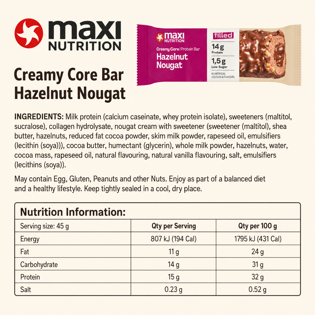Maxi Creamy Core Protein Bar Hazelnut Nougat ingredients and Nutrition Information label, 15g protein