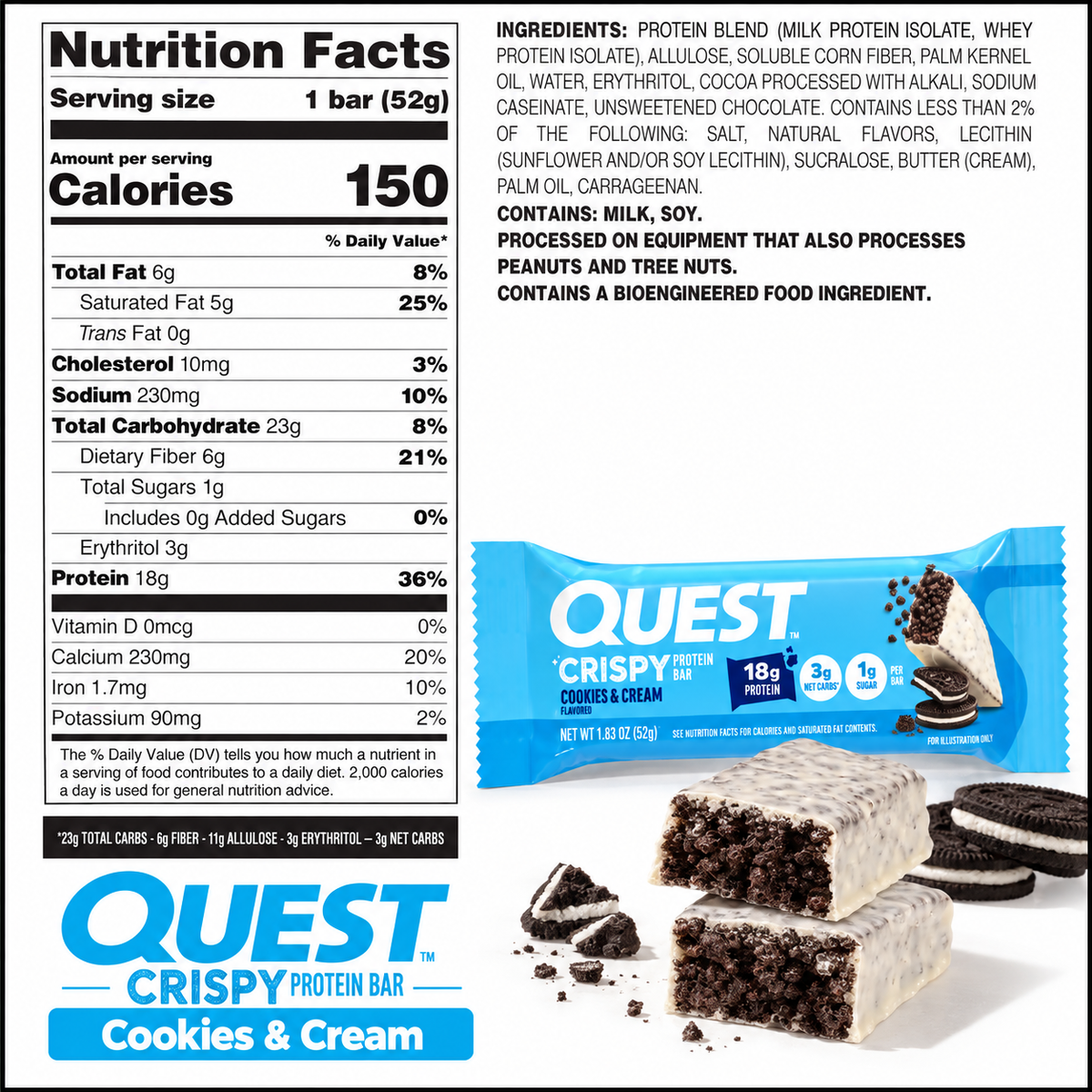 Quest Nutrition Hero Crispy Protein Bar box of 12, crispy candy-style bars with 15-18g protein, 1g sugar