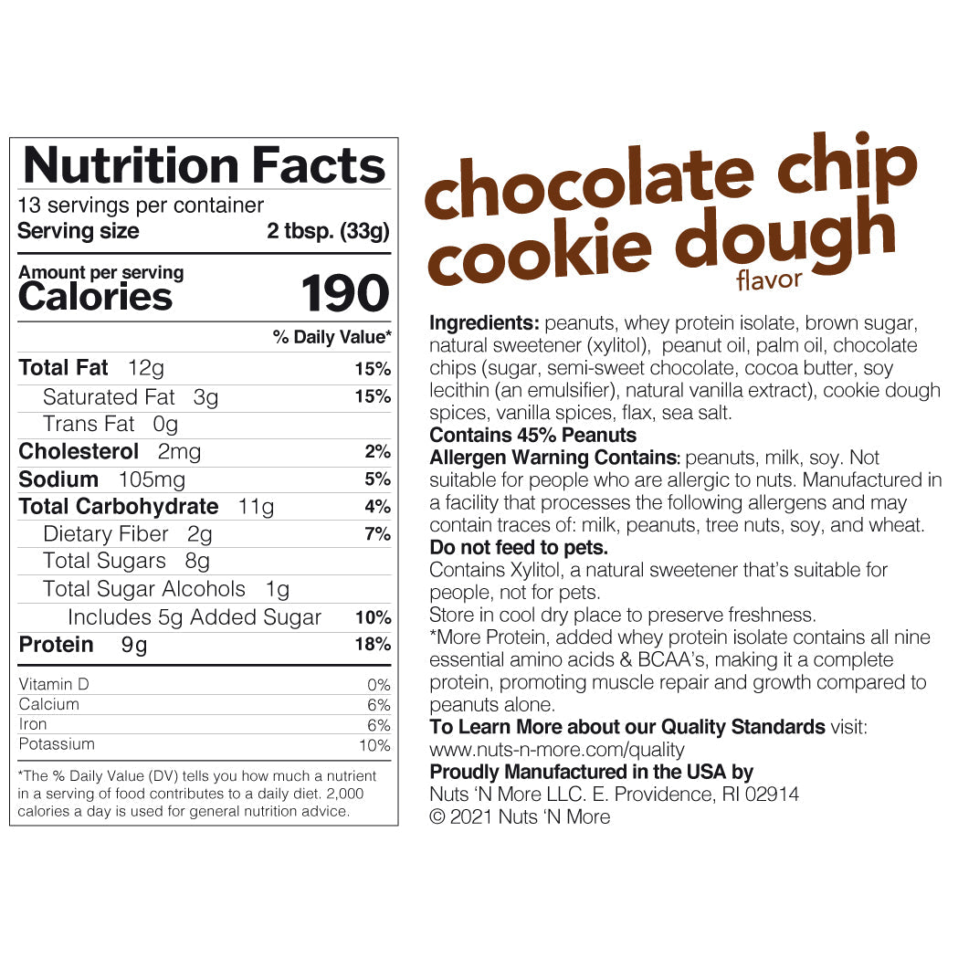 Nuts 'n More Chocolate Chip Cookie Dough Peanut Butter Spread Nutrition Facts label — 9g protein